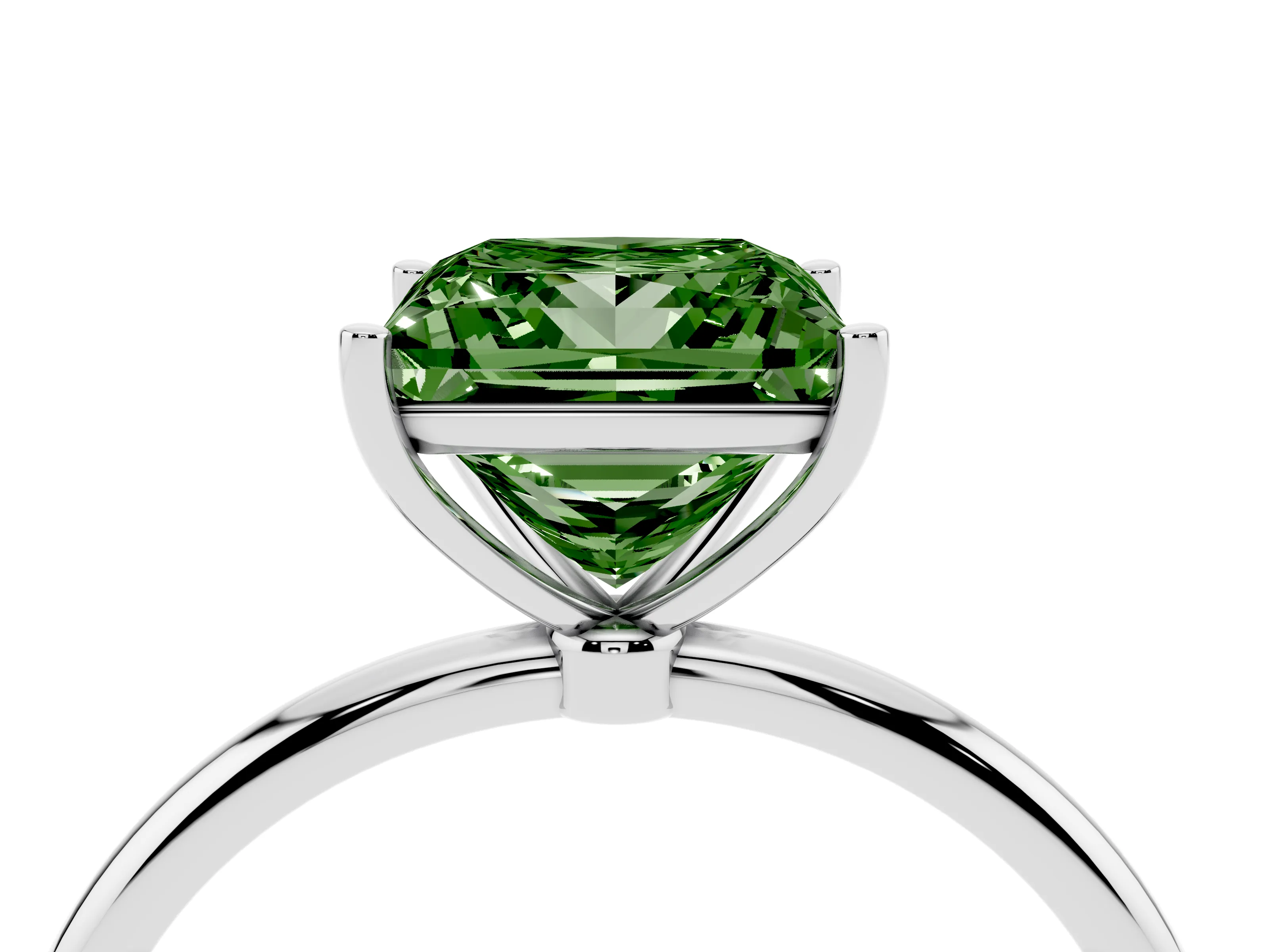 Fancy Green Princess Cut Diamond Solitaire Engagement Ring Set in Silver with Thin Band and Prong Setting