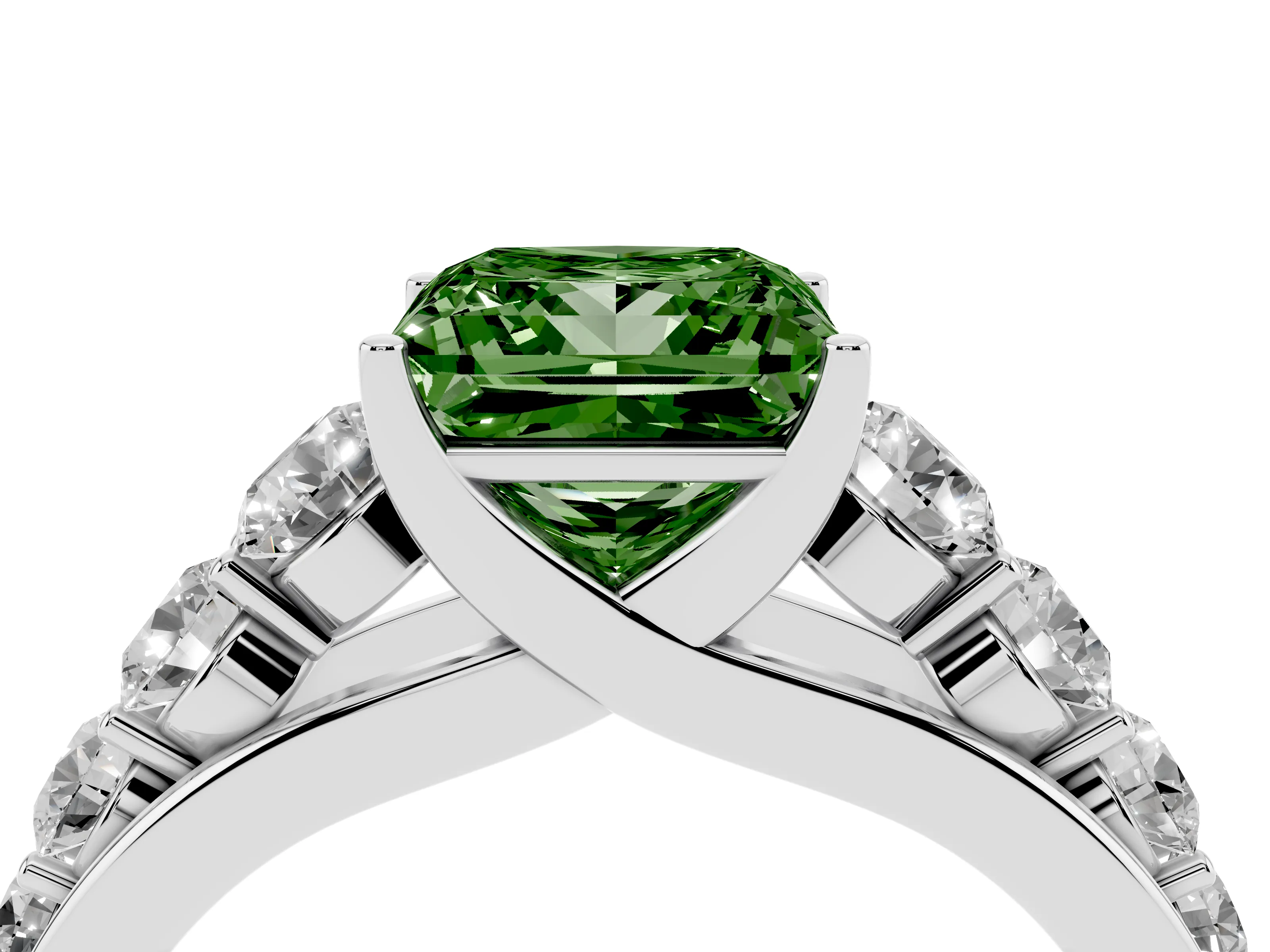 Fancy Green Princess Cut Diamond Solitaire Ring Set in Platinum with Pavé-Set Band and Prong Setting
