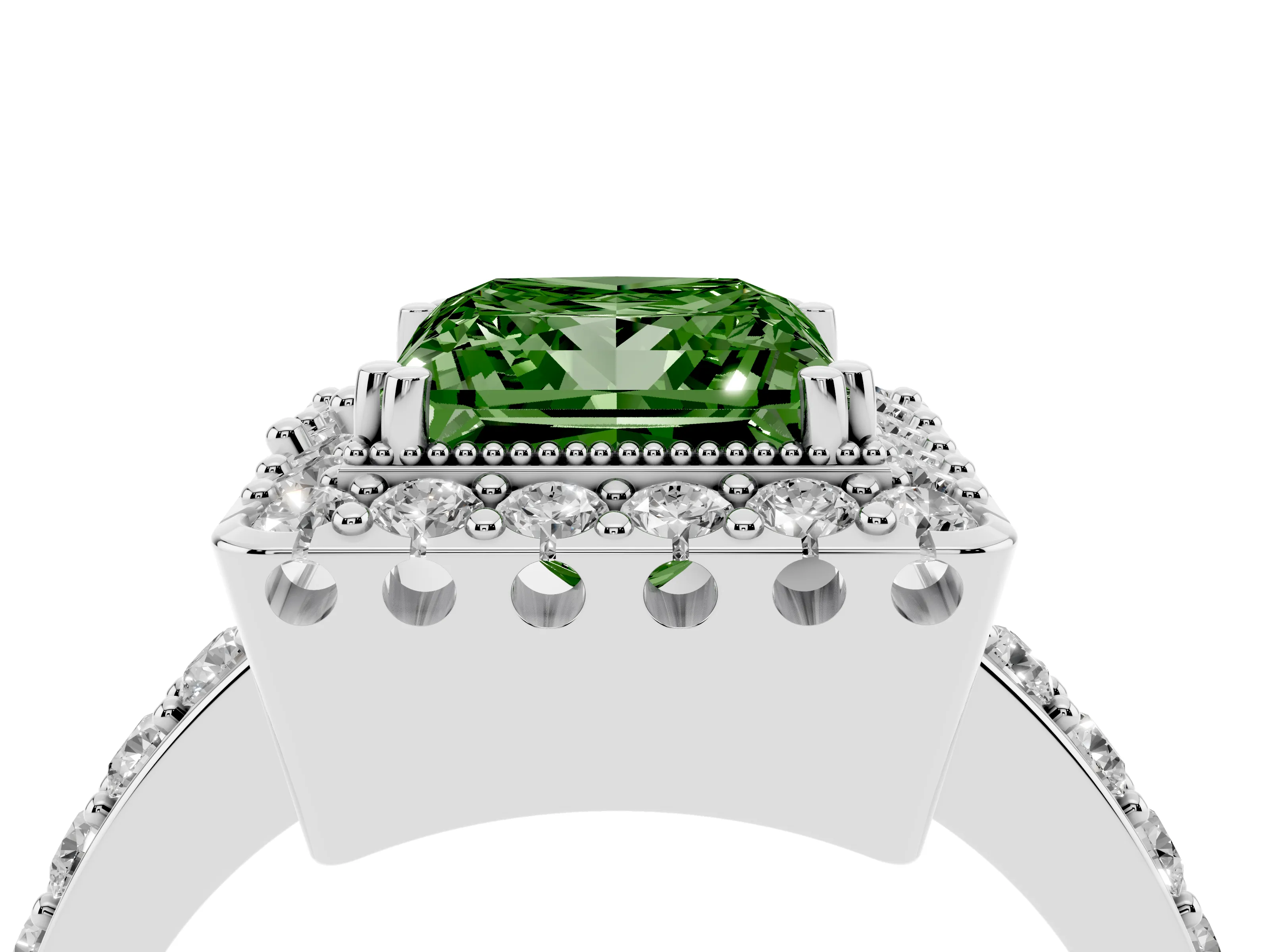 Fancy Green Princess Cut Diamond Halo Ring Set in White gold with Pavé Shank and Prong Setting