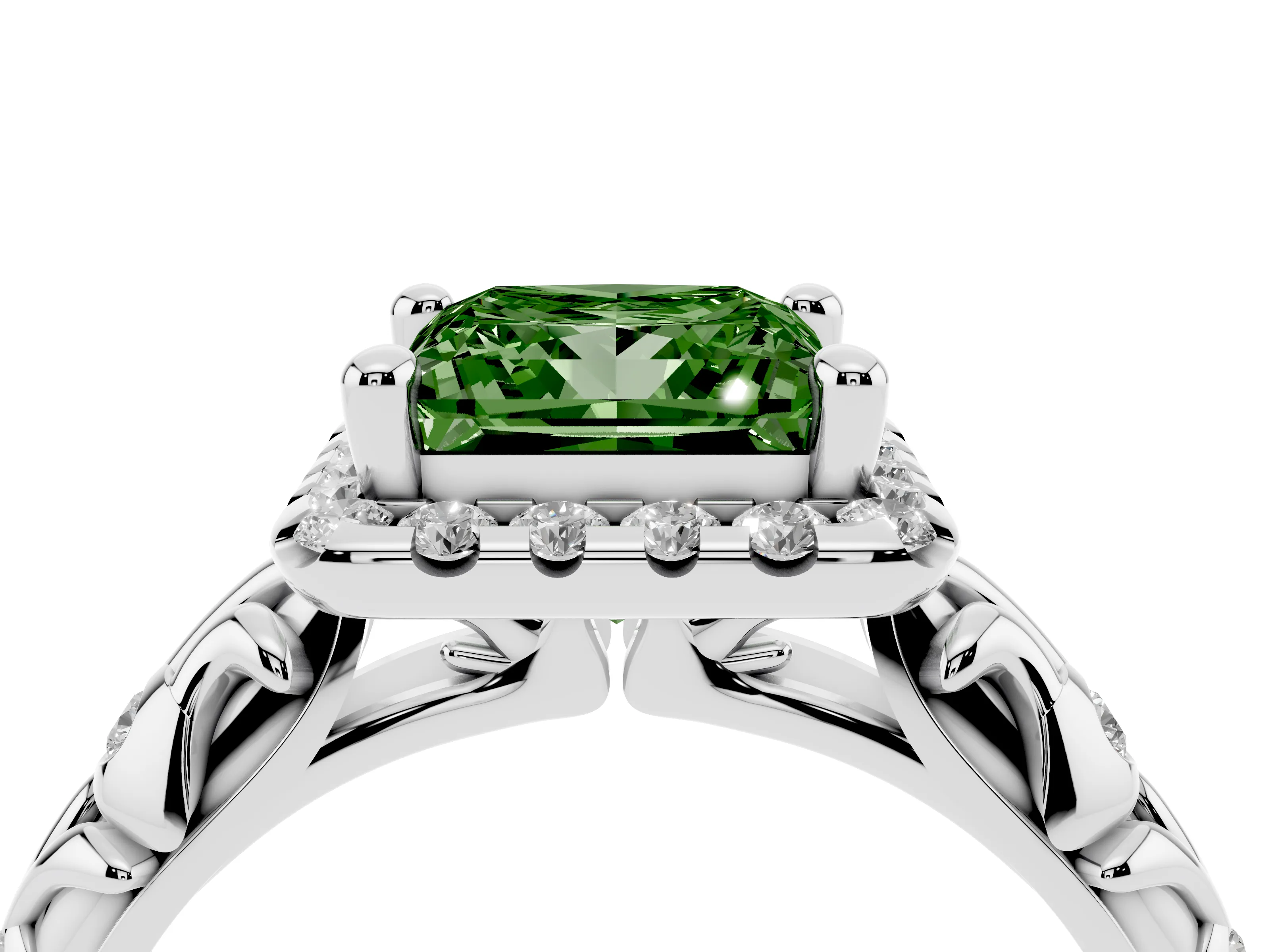 Fancy Green Princess Cut Diamond Halo Ring Set in Silver with Filigree Leaf Band and Prong Setting