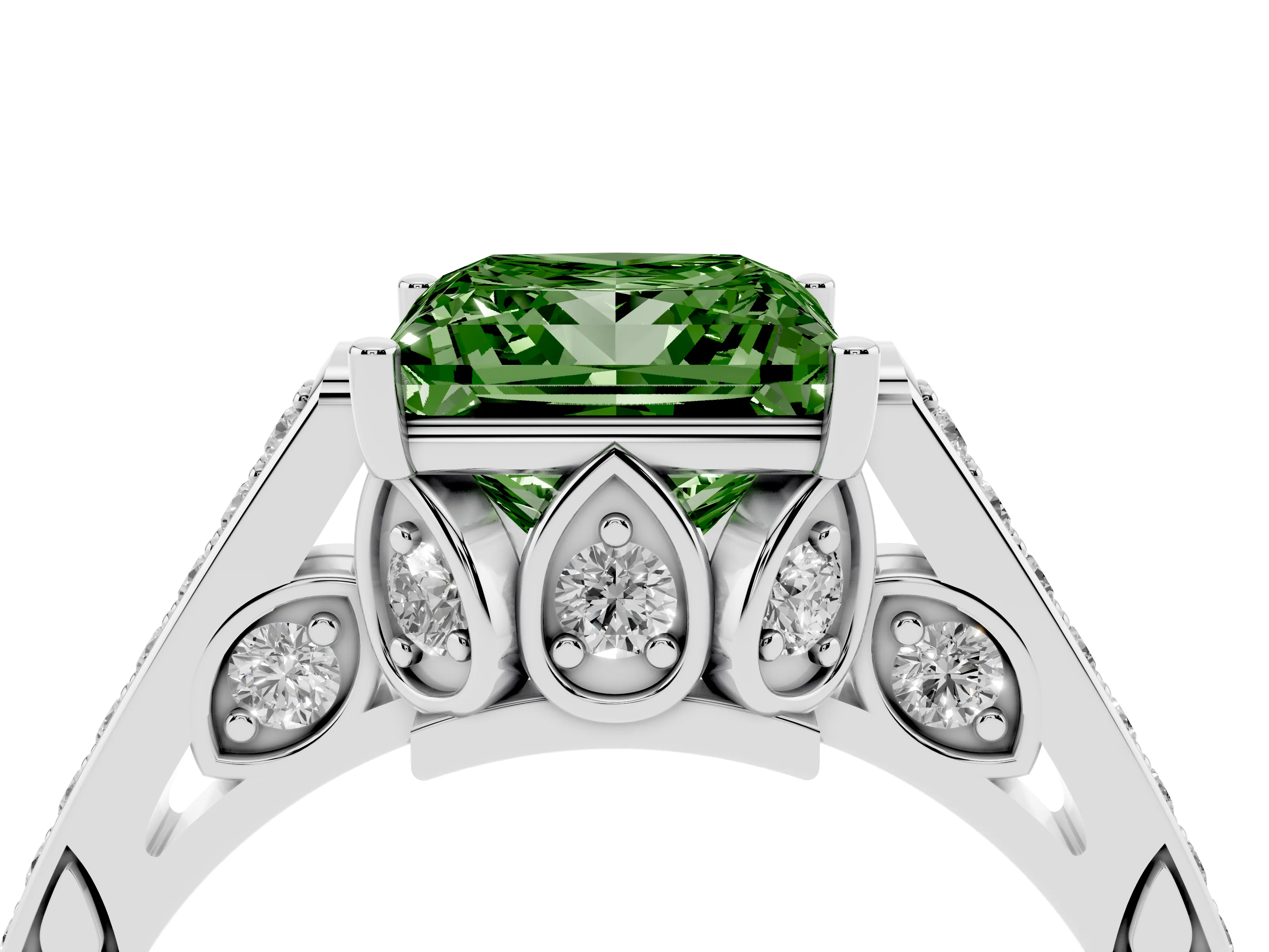 Fancy Green Princess Cut Diamond Cathedral Pavé Engagement Ring Set in Silver with Prong Setting