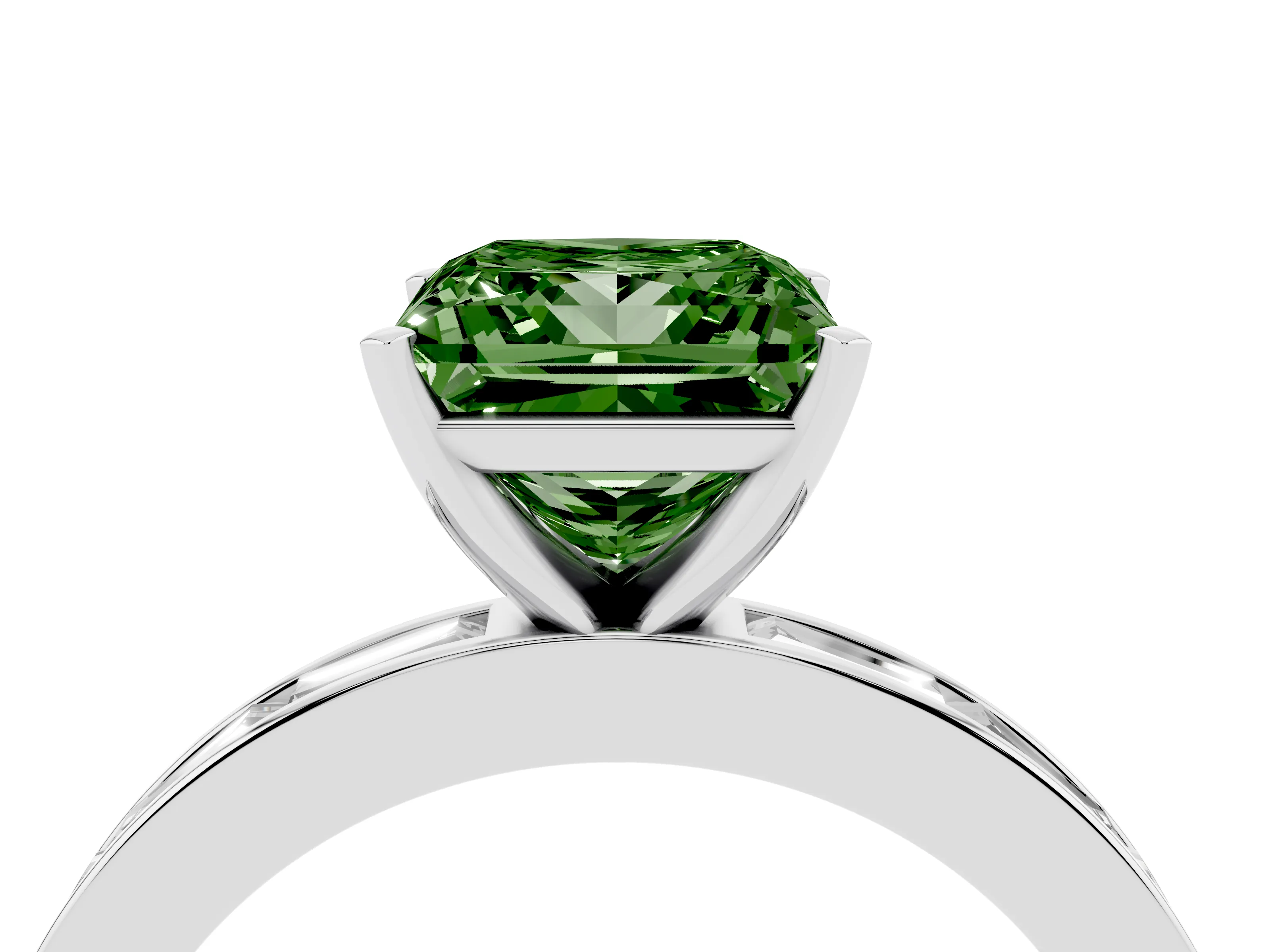 Fancy Green Princess Cut Diamond Solitaire Ring Set in Platinum with Channel-Set Baguette Band and Prong Setting