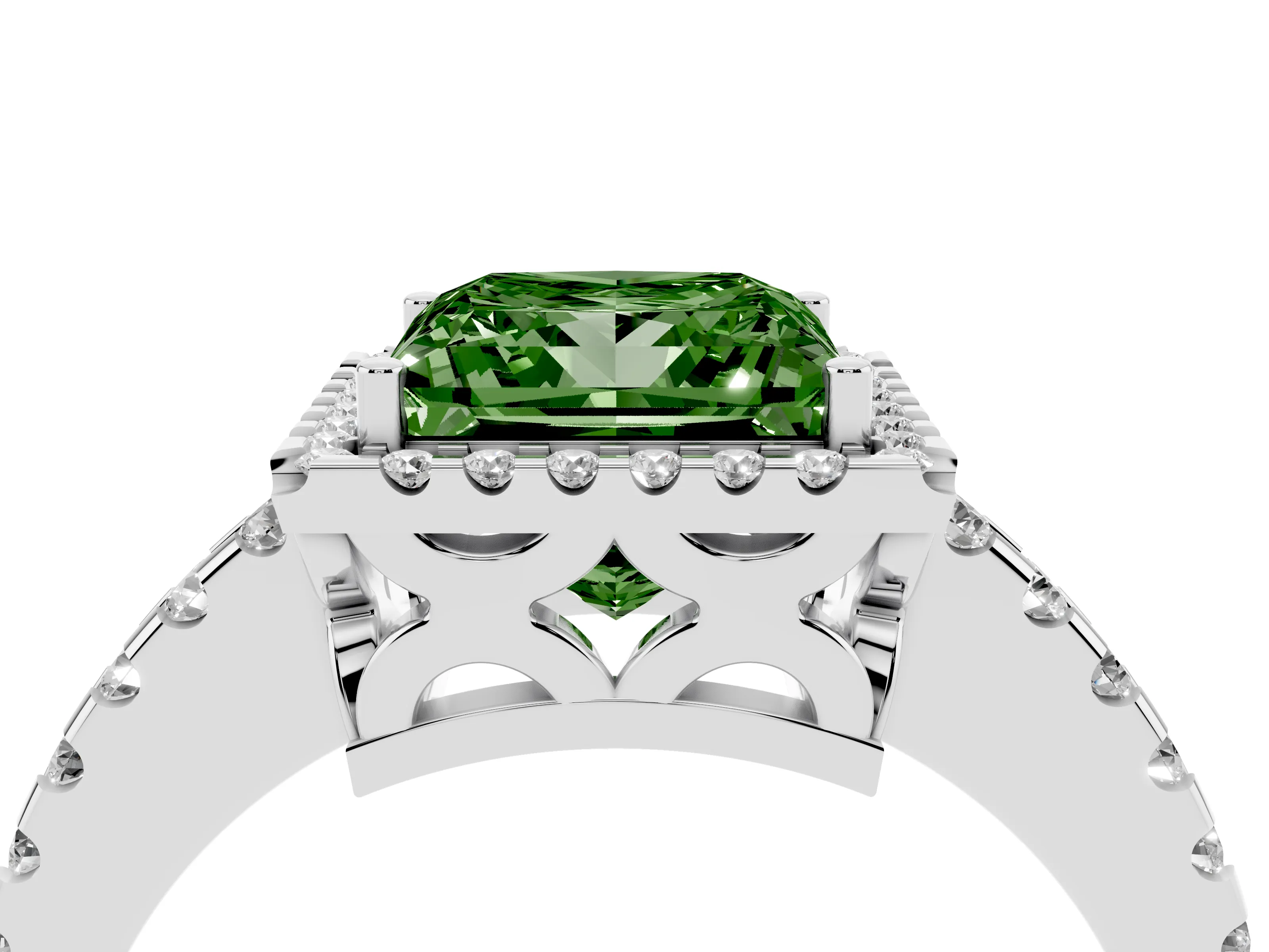 Fancy Green Princess Cut Diamond Halo Ring Set in Silver with Pavé Shoulders and Halo-Framed Center