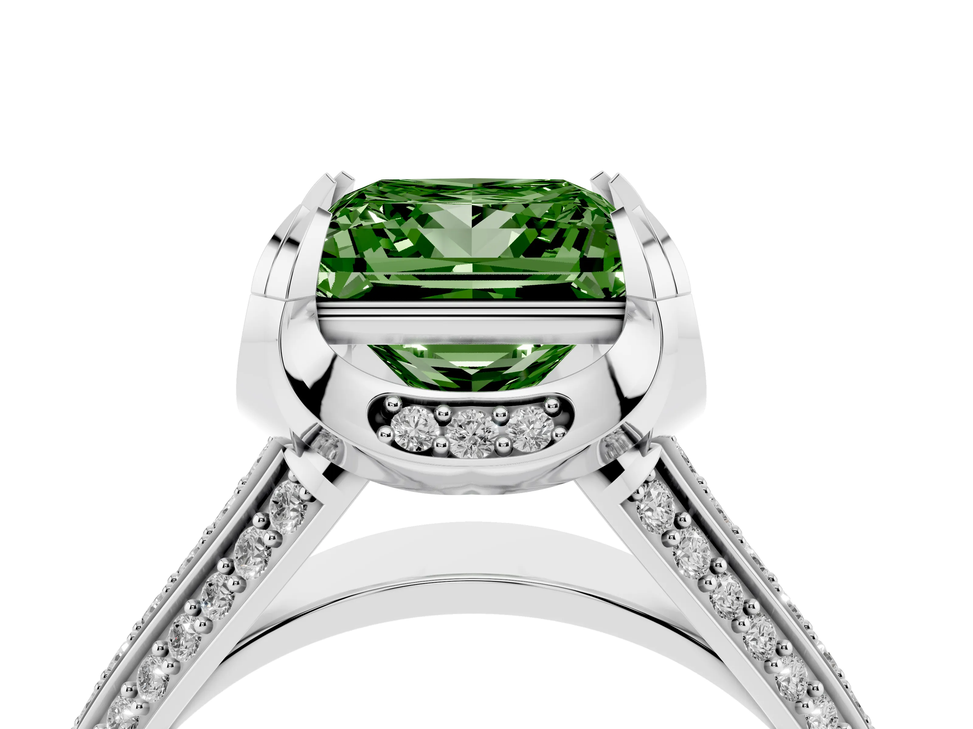 Fancy Green Princess Cut Diamond Pavé Split Shank Solitaire Ring Set in Platinum with Prong Setting