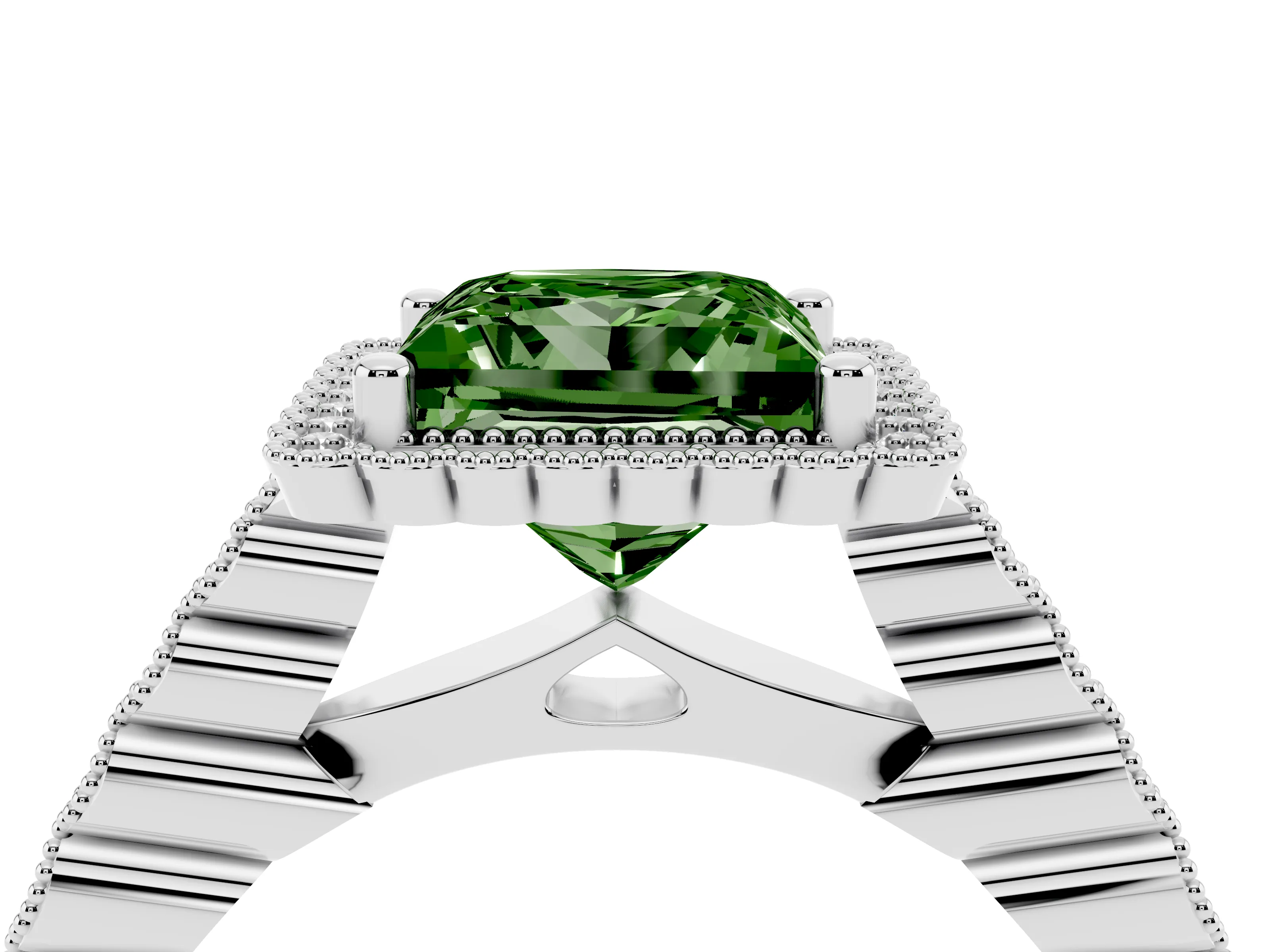 Fancy Green Princess Cut Diamond Halo Ring Set in White gold with Pavé Milgrain Band