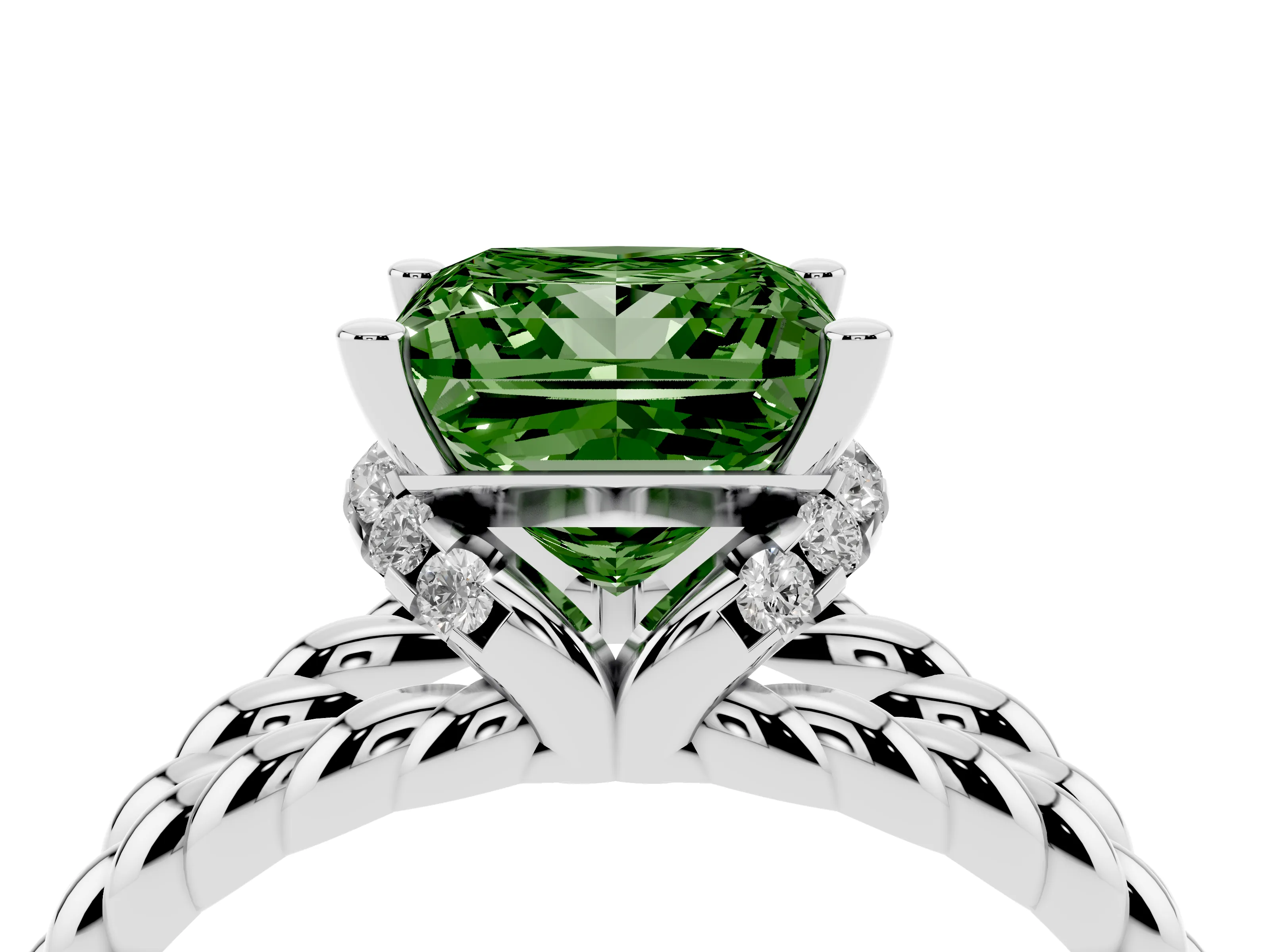 Fancy Green Princess Cut Diamond Halo Ring Set in White gold with Twisted Band and Prong Setting