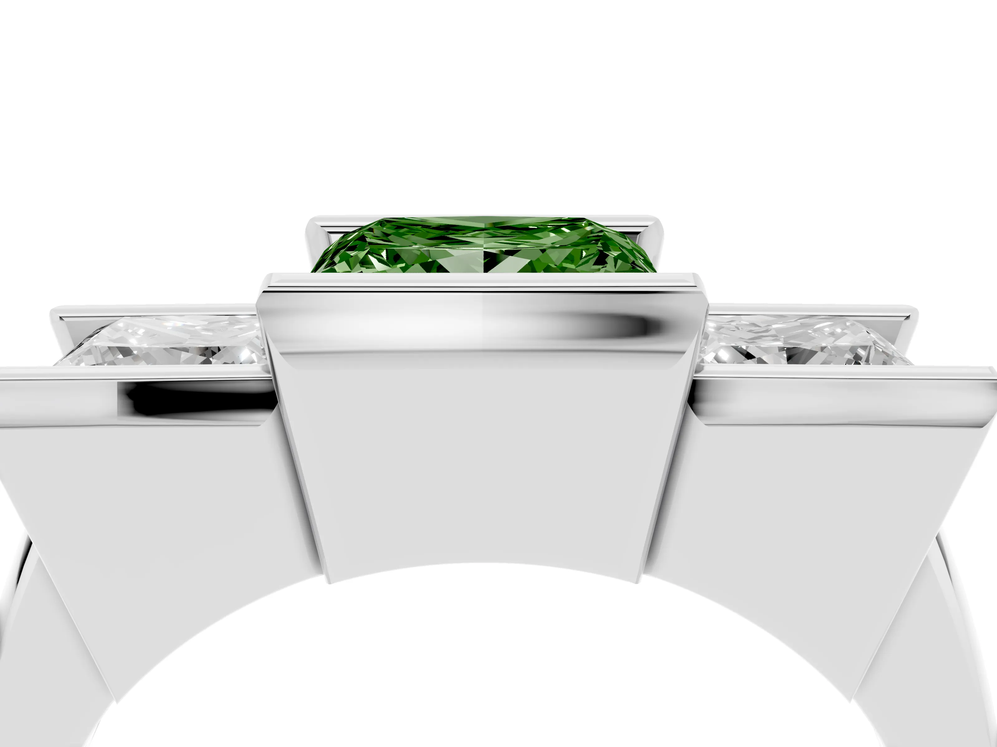 Fancy Green Princess Cut Diamond Three-Stone Channel Set Ring Set in Platinum with Smooth Polished Band