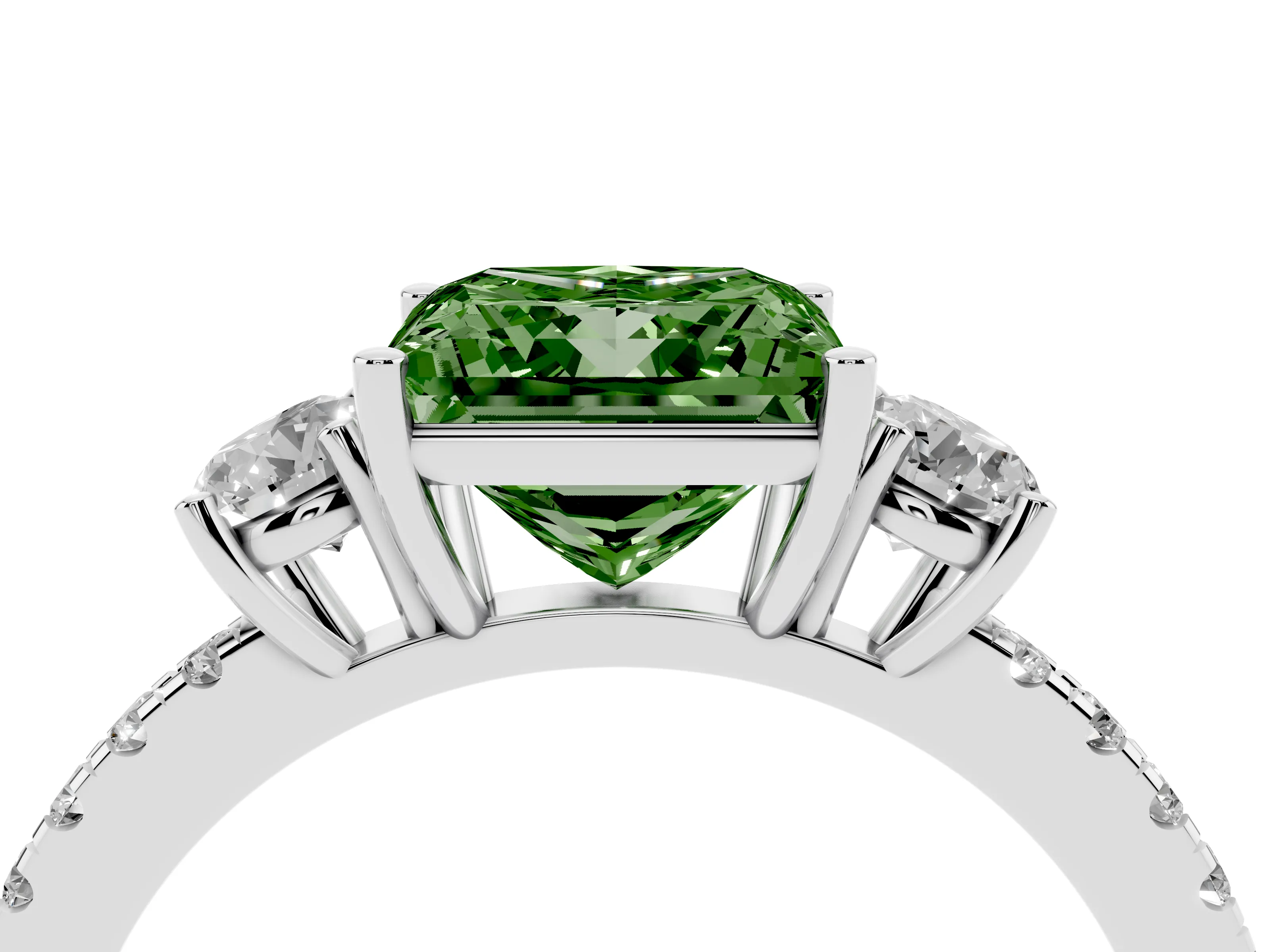 Fancy Green Princess Cut Diamond Three-Stone Ring Set in White gold with Pavé Band and Graduated Sides
