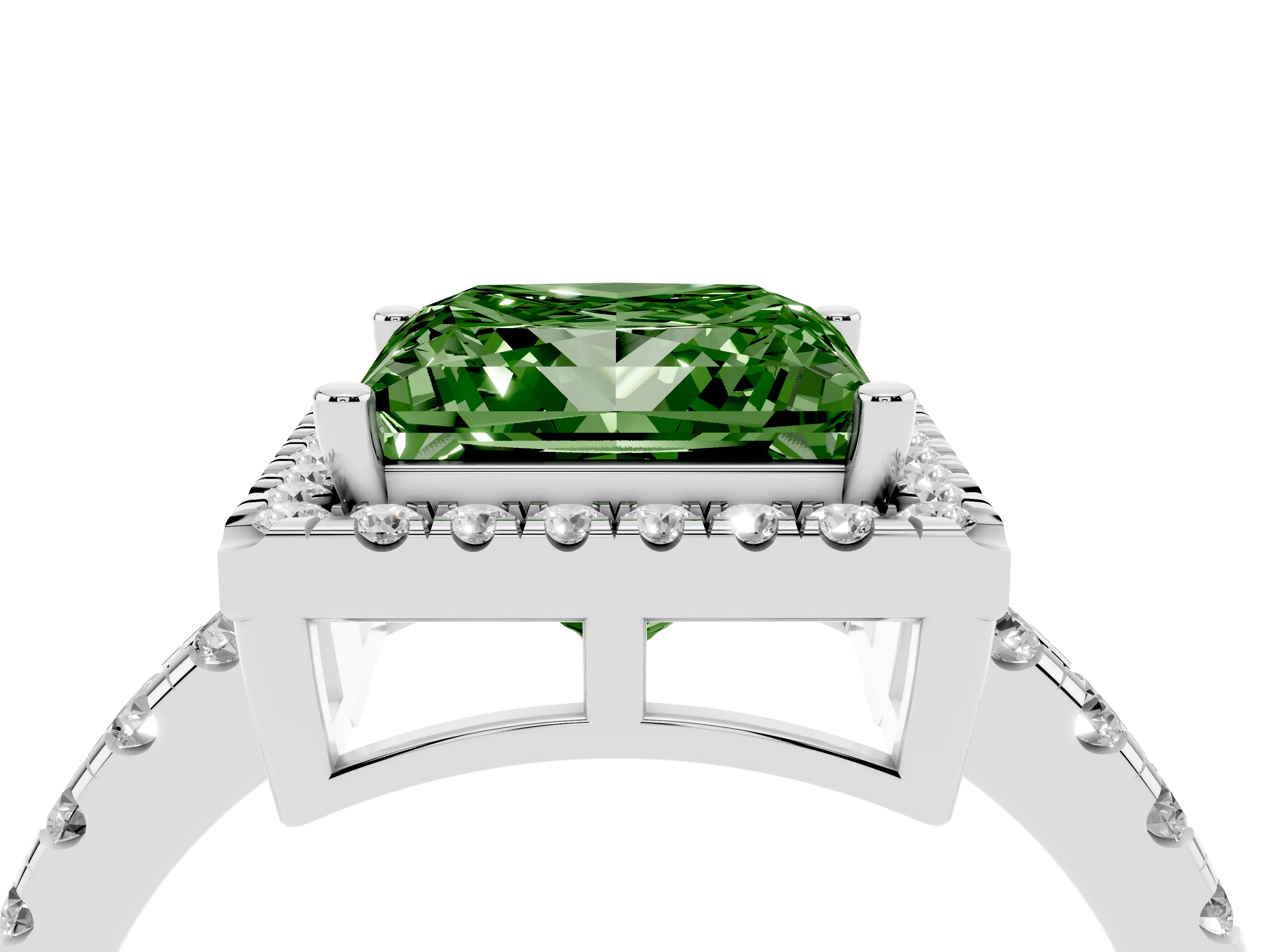 Fancy Green Princess Cut Diamond Halo Ring Set in Silver with Delicate Pavé Band and Prong Setting