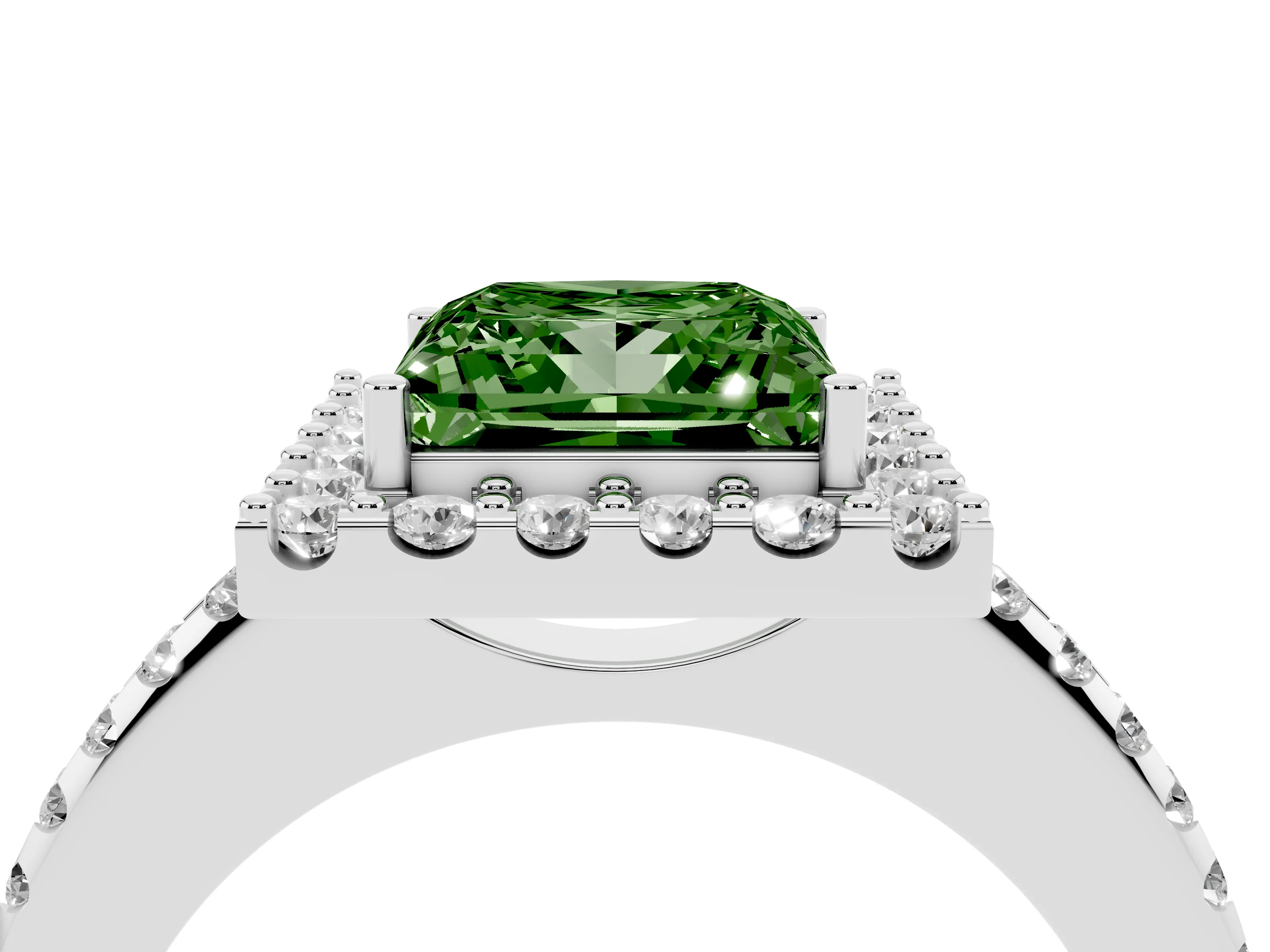 Fancy Green Princess Cut Diamond Pavé Halo Ring Set in Silver with Prong Setting