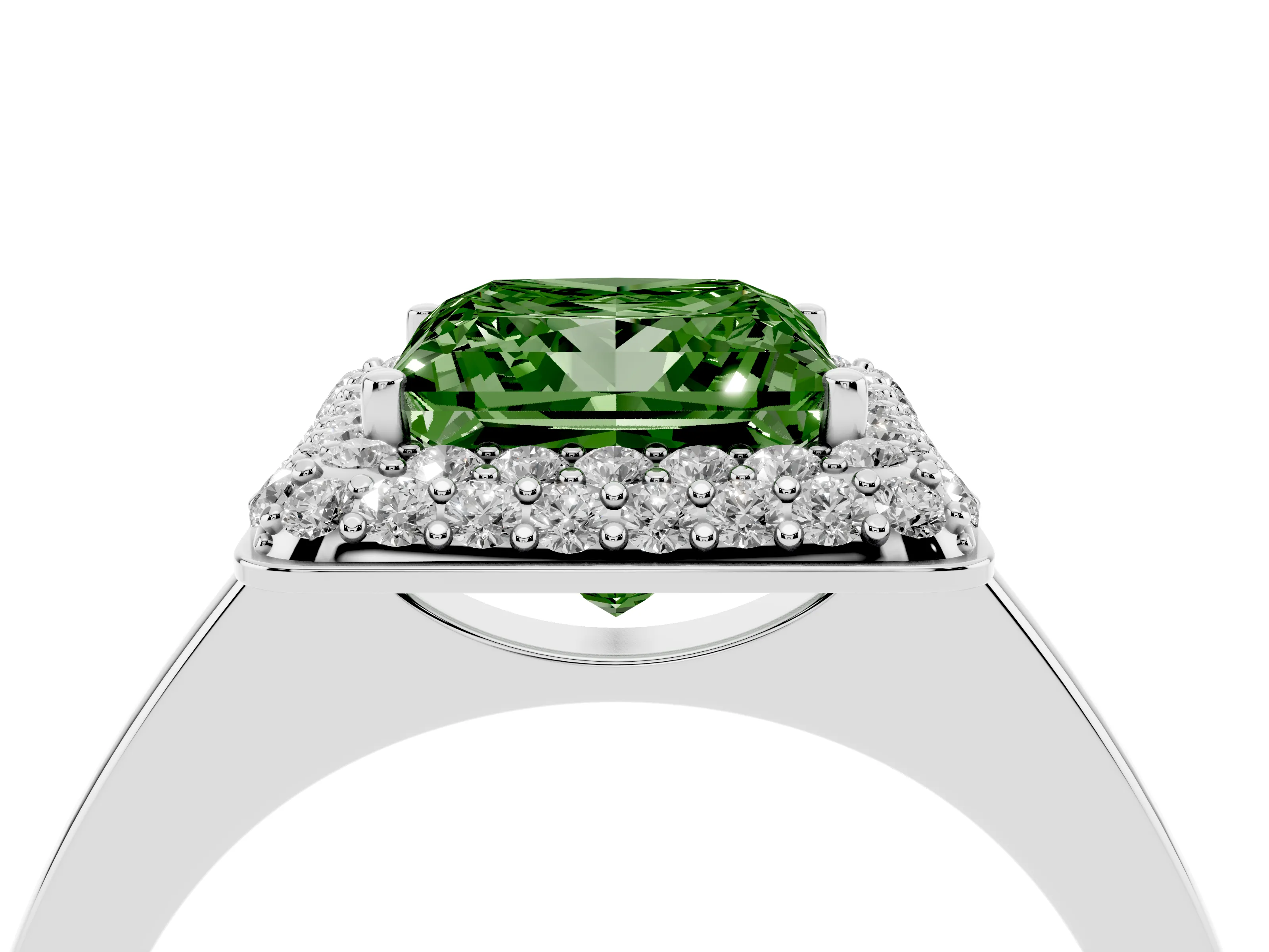 Fancy Green Princess Cut Diamond Halo Engagement Ring Set in White gold with Solitaire Band and Prong Setting