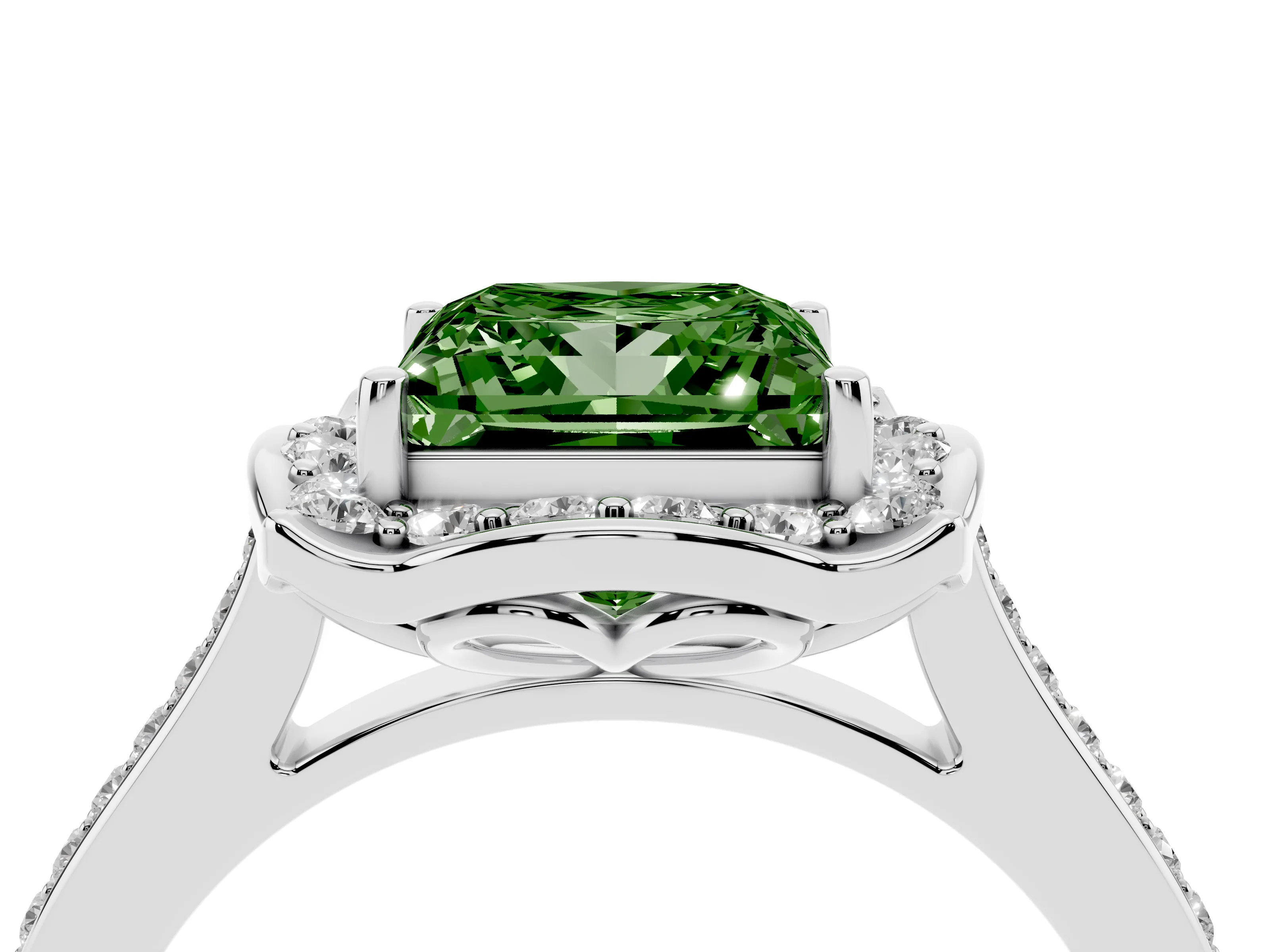Fancy Green Princess Cut Diamond Halo Ring Set in White gold with Pavé-Lined Shoulders and Prong Setting