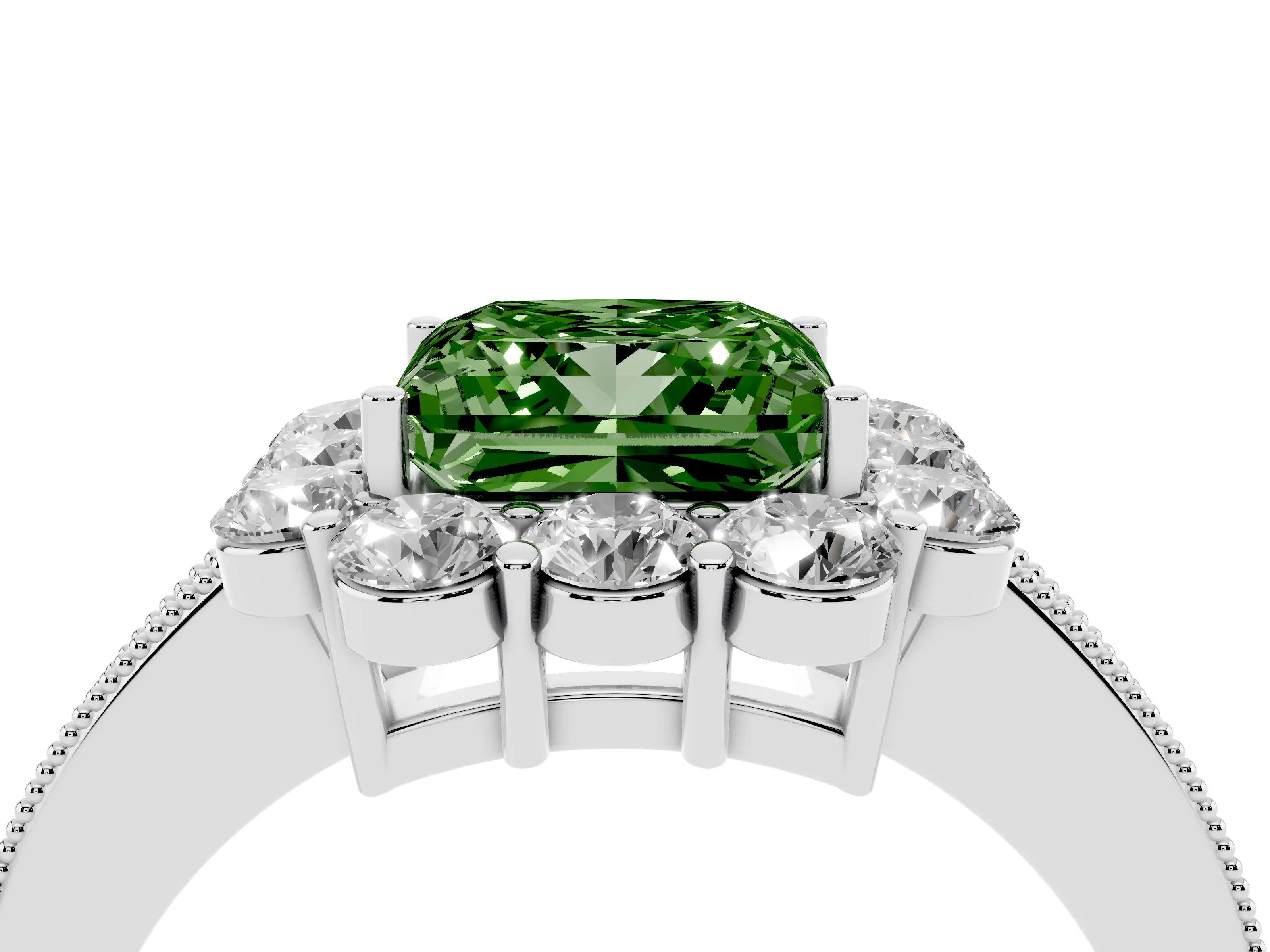 Fancy Green Princess Cut Diamond Halo Pavé Engagement Ring Set in White gold with Milgrain Detailing