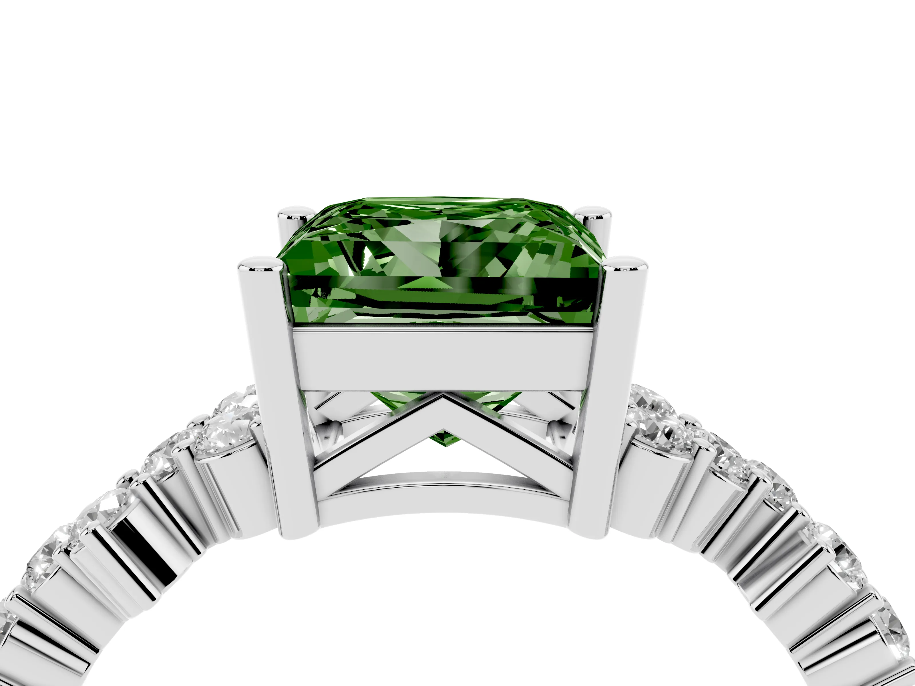 Fancy Green Princess Cut Diamond Ring Set in Platinum with Scattered Round Accents