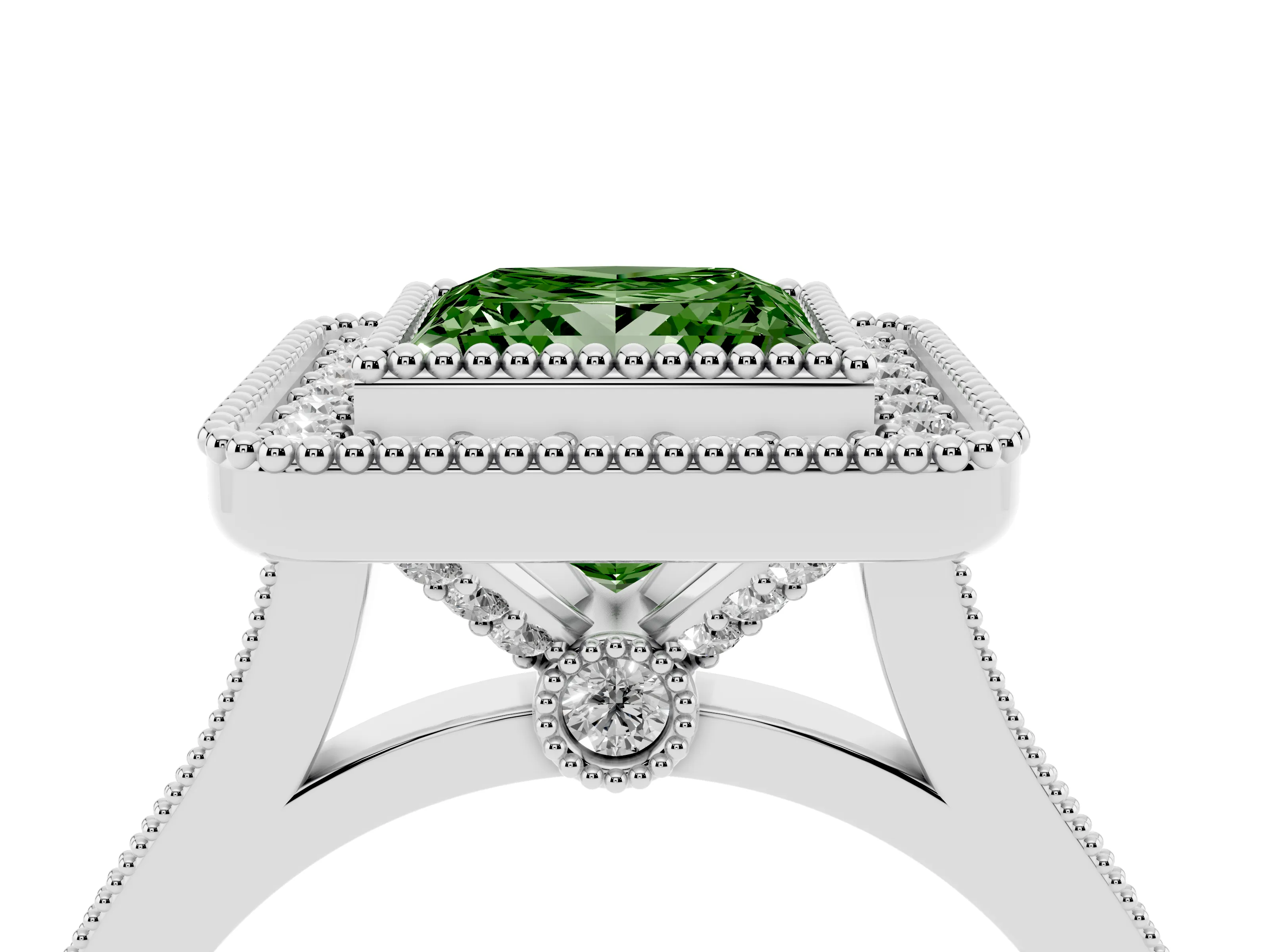 Fancy Green Princess Cut Diamond Halo Ring Set in Platinum with Milgrain Frame and Pavé Band