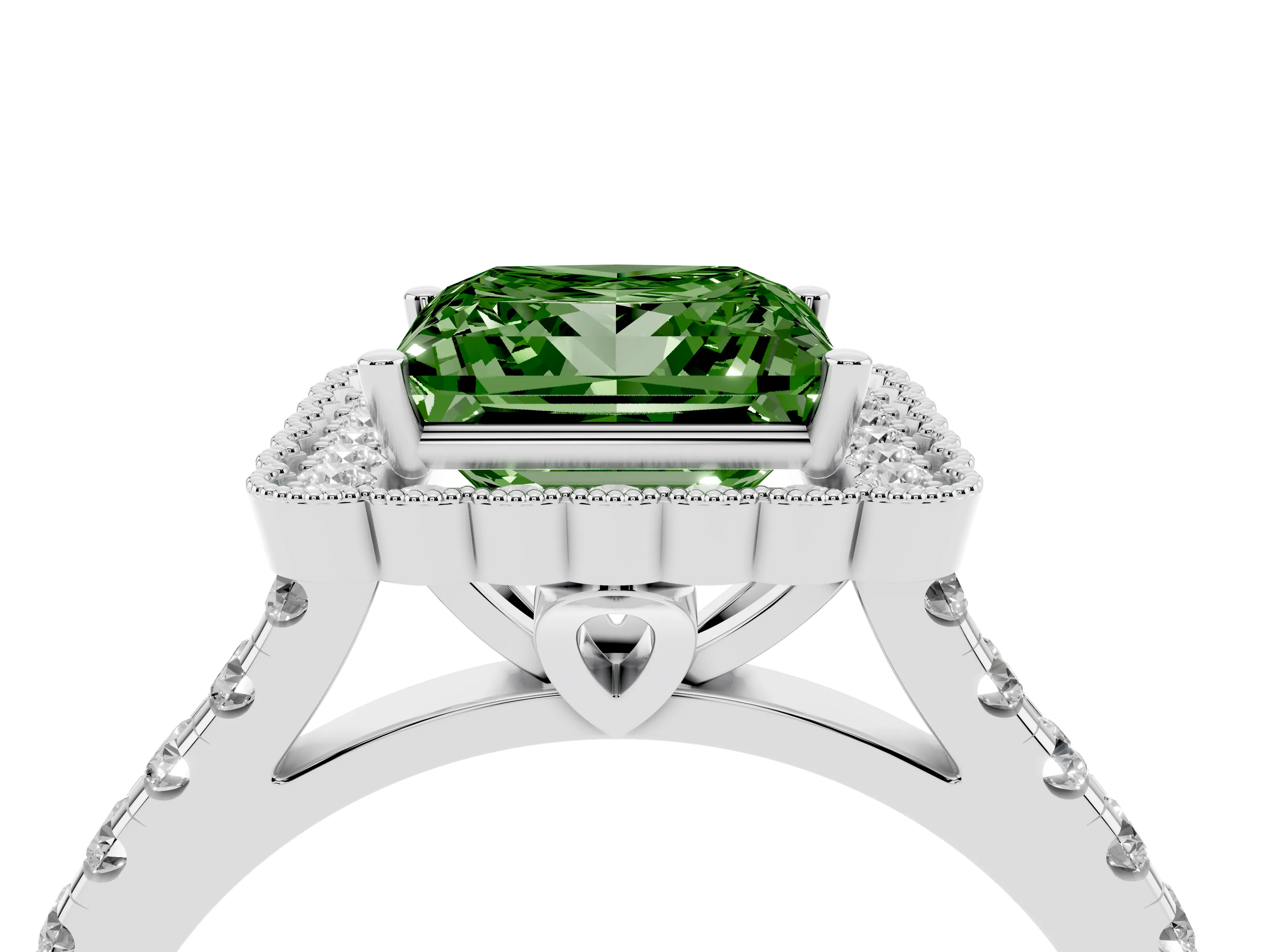 Fancy Green Princess Cut Diamond Milgrain Floral Halo Engagement Ring Set in Silver with Pavé Band