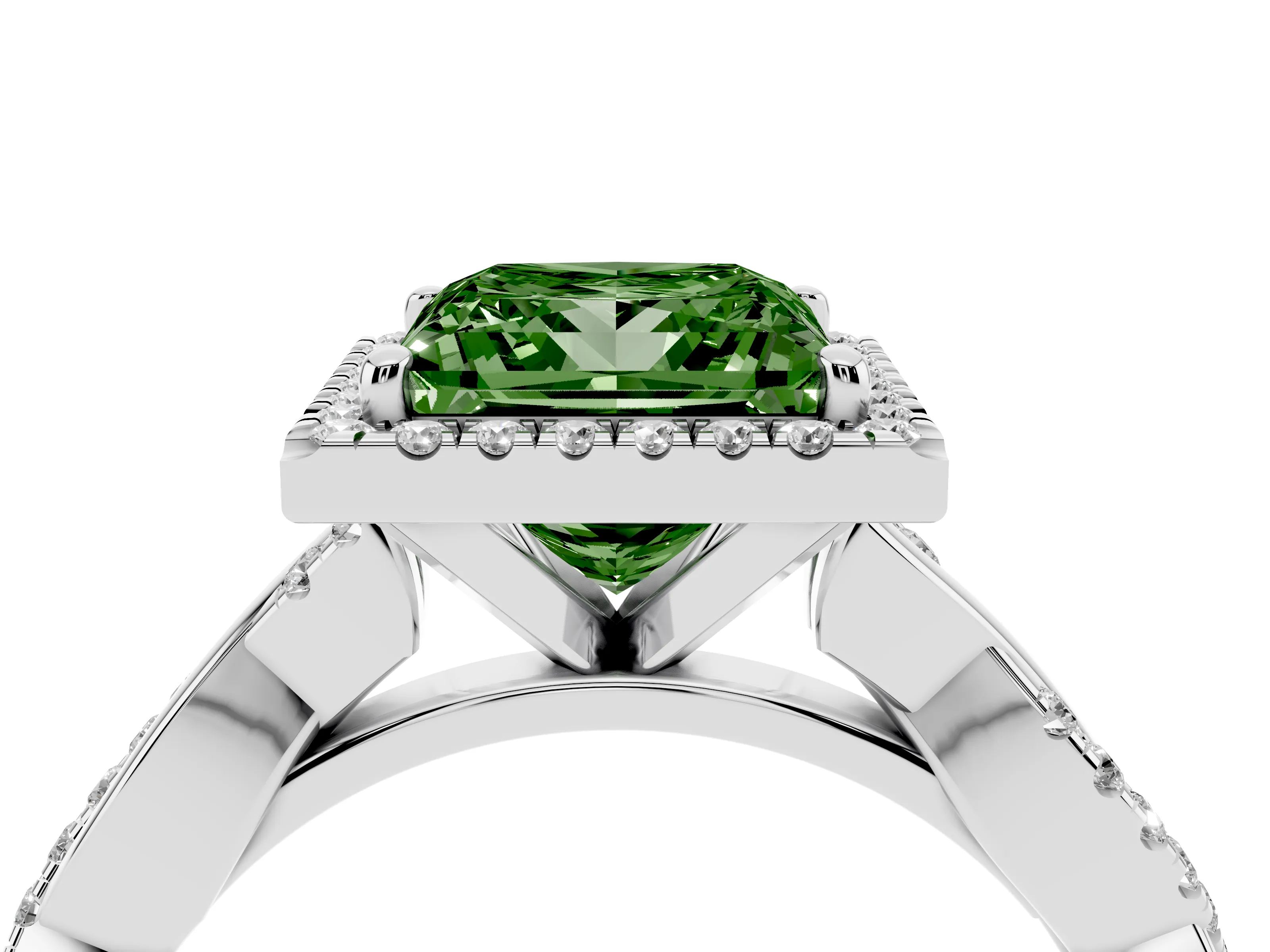 Fancy Green Princess Cut Diamond Halo Twisted Band Ring Set in Silver with Prong Setting
