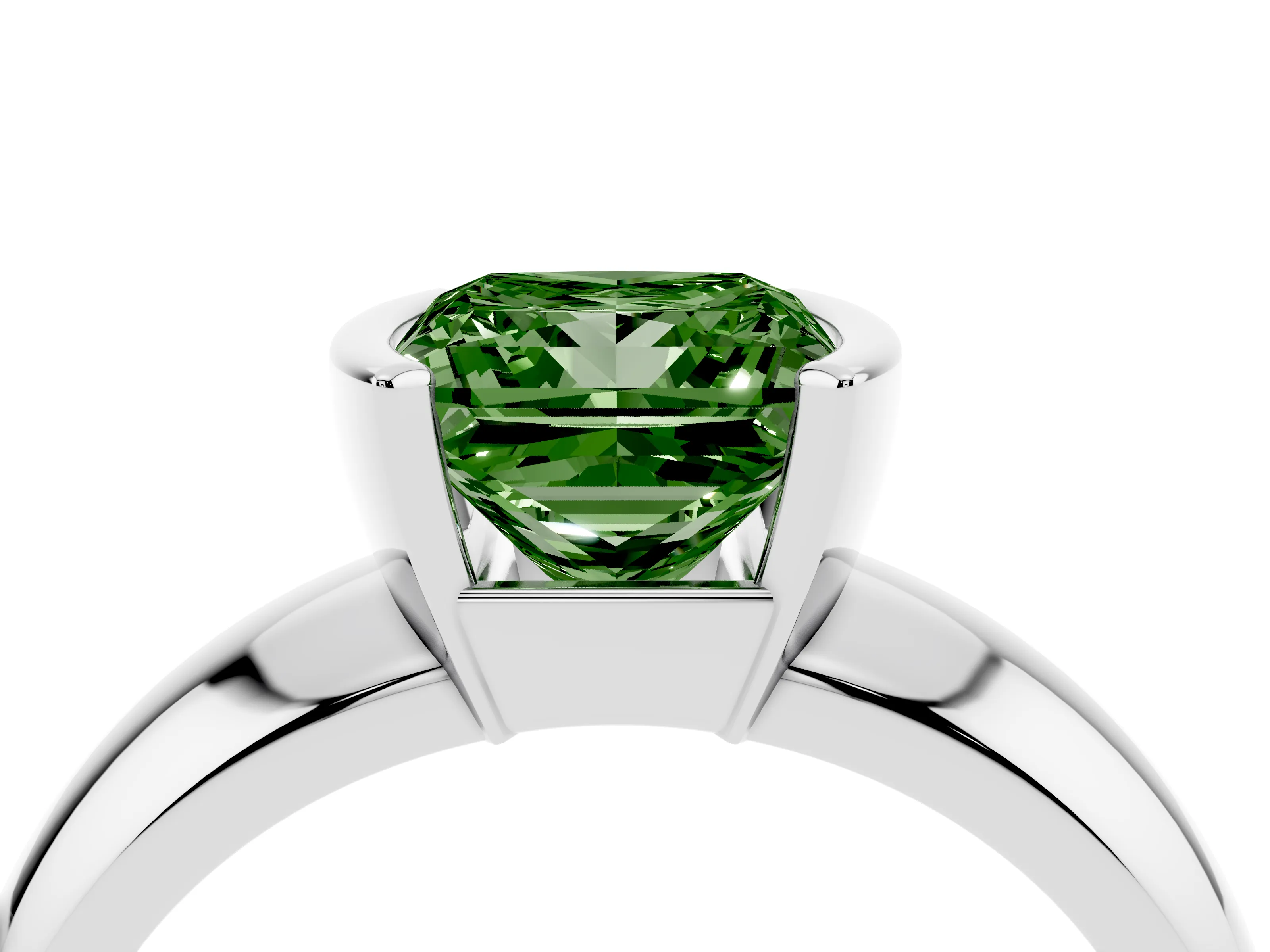 Fancy Green Princess Cut Diamond Solitaire Tension Set Ring Set in White gold with Wide Band
