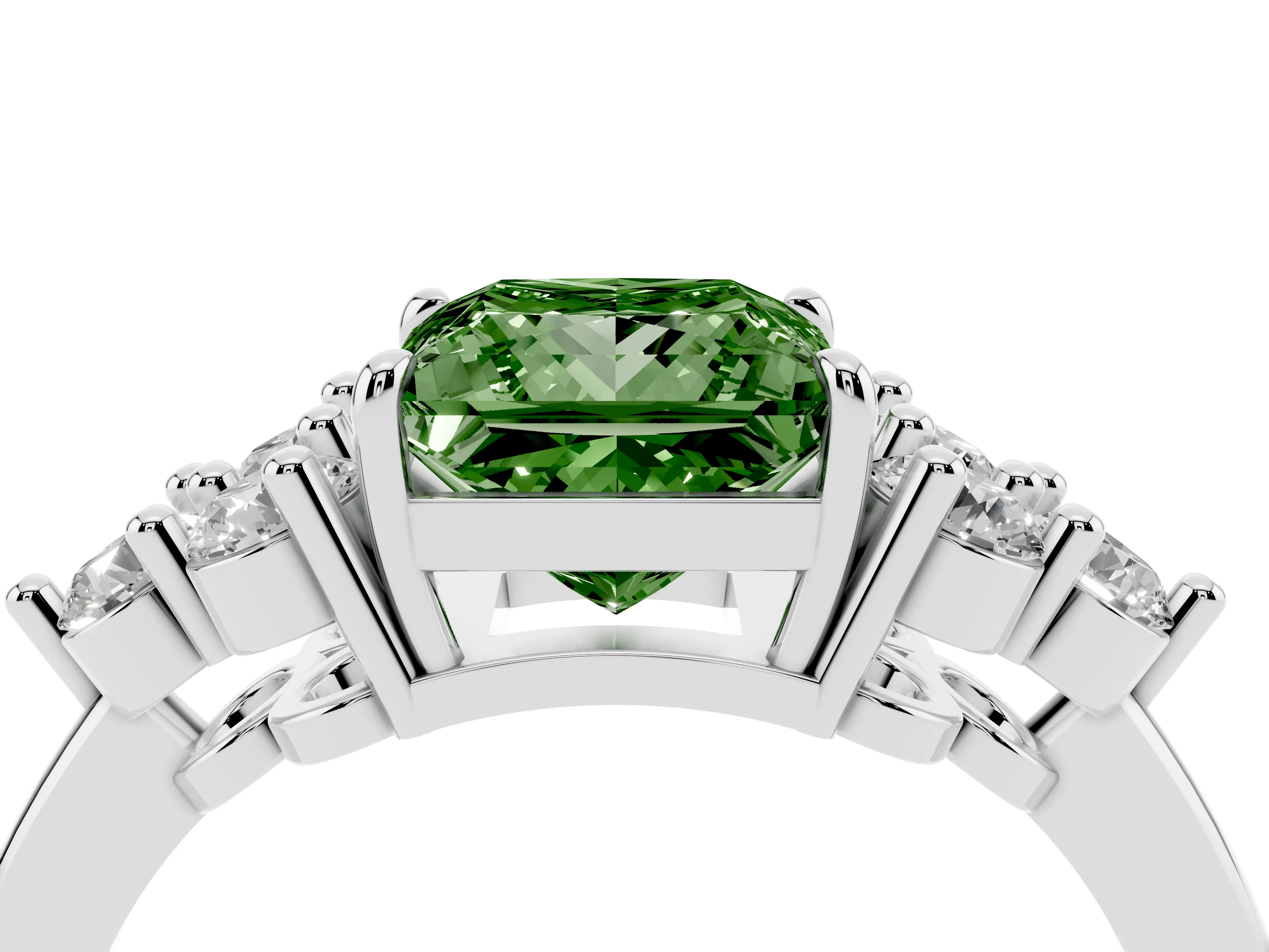 Fancy Green Princess Cut Diamond Solitaire Ring Set in Platinum with Cluster Accents on Each Side