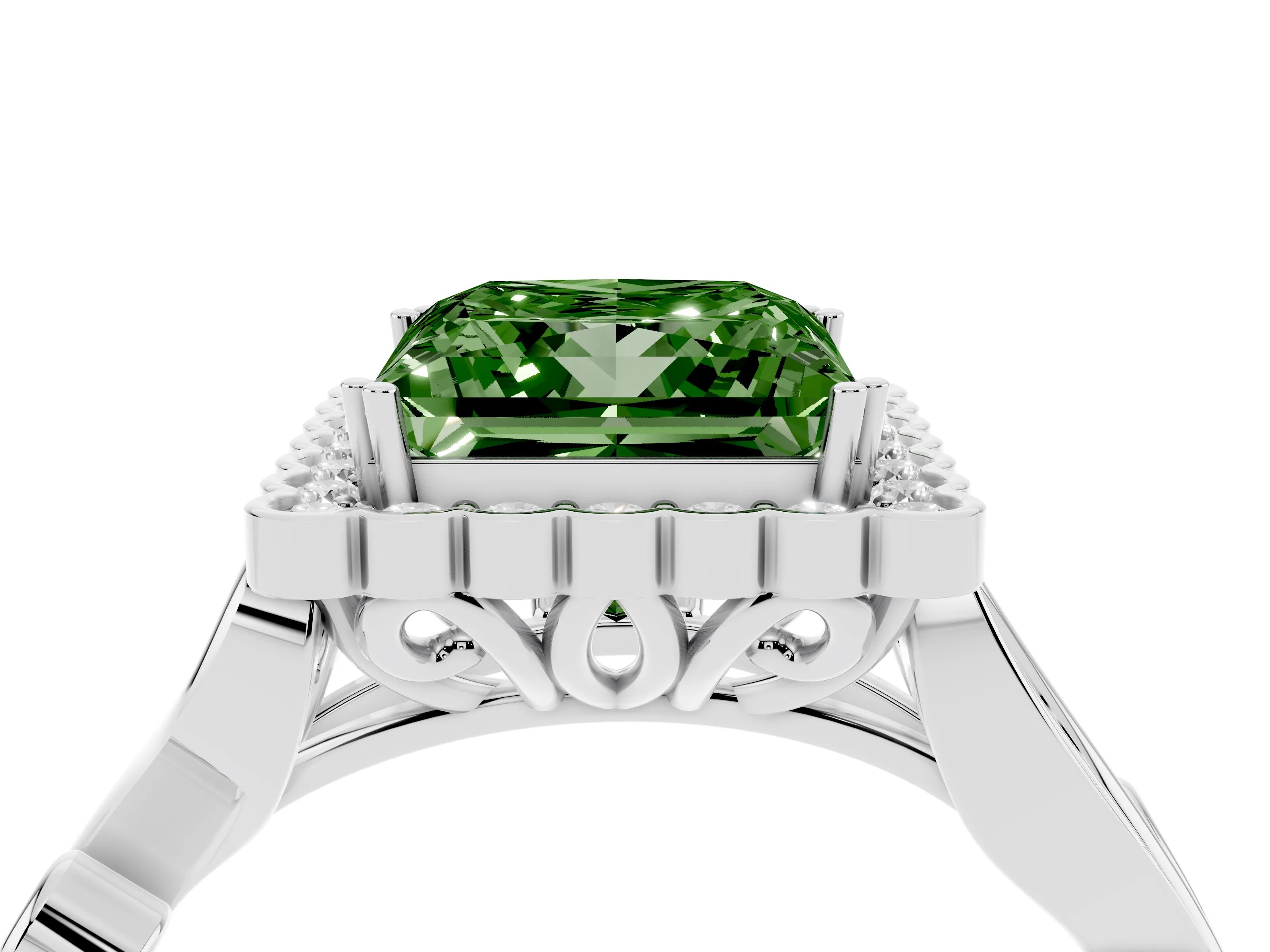 Fancy Green Princess Cut Diamond Halo Ring Set in White gold with Leaf Motif Split Shank and Prong Setting