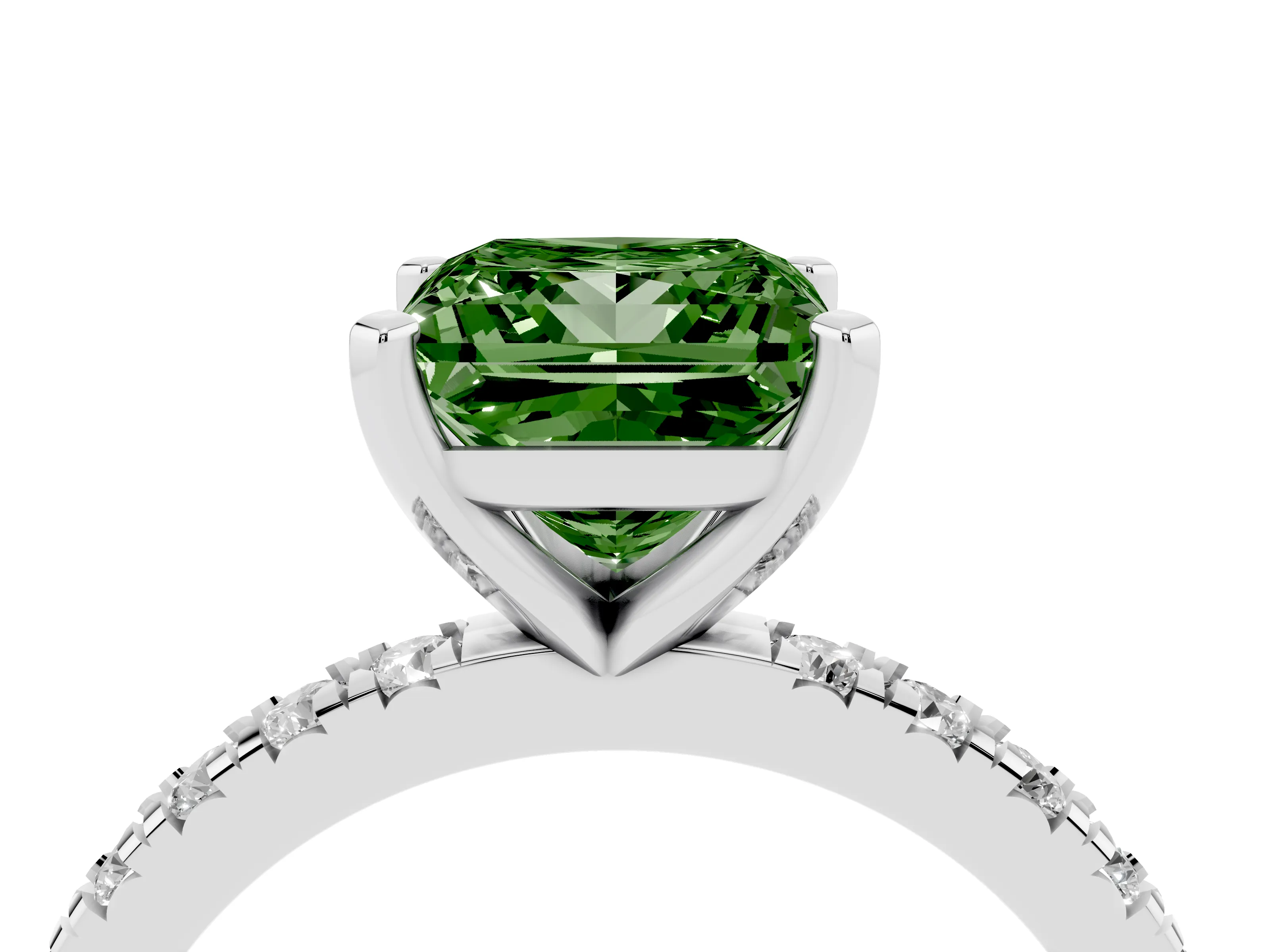 Fancy Green Princess Cut Diamond Pavé Band Solitaire Set in White gold with Prong Setting