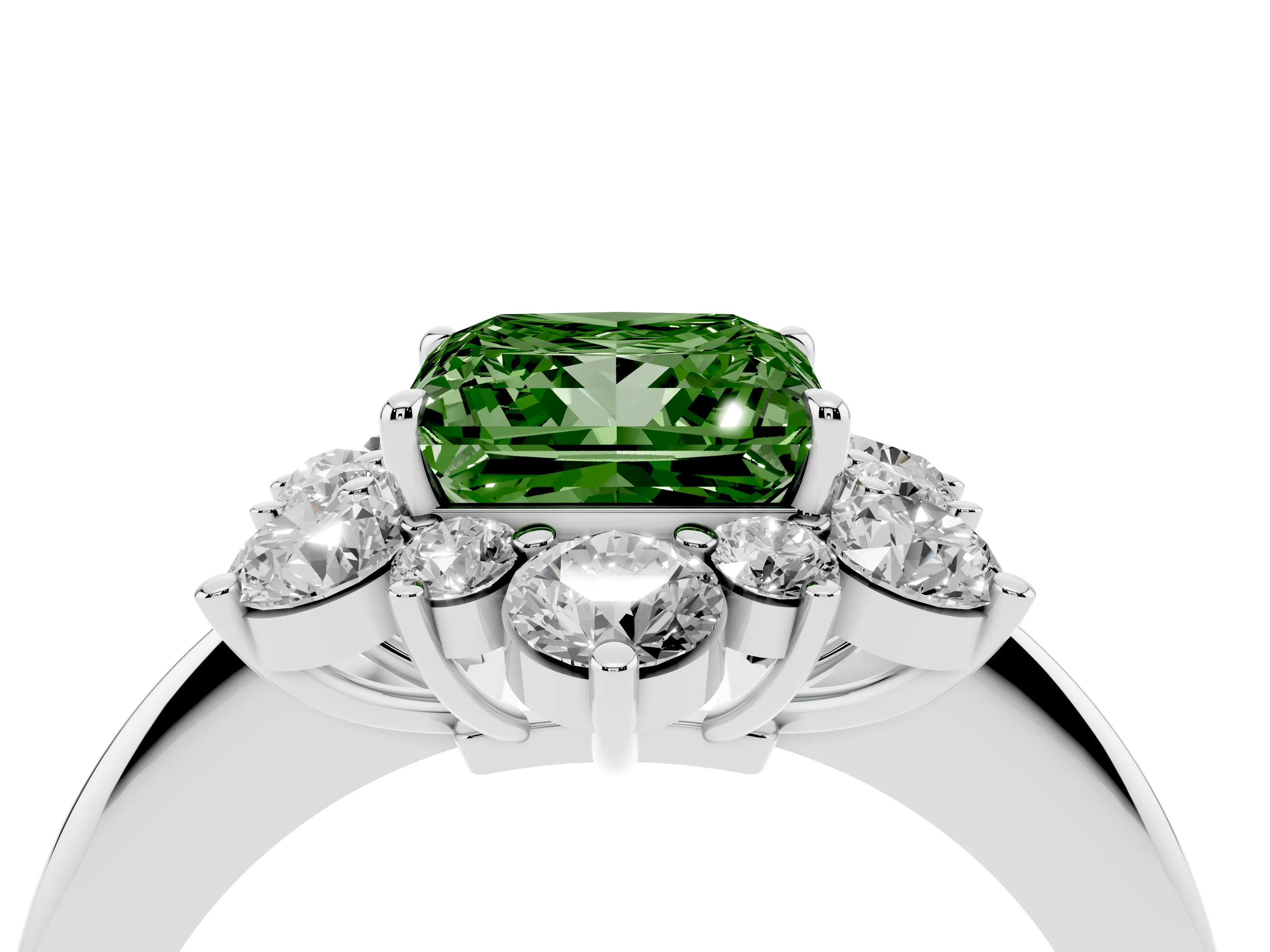 Fancy Green Princess Cut Diamond Cluster Halo Ring Set in Silver with Solitaire Band and Prong Setting
