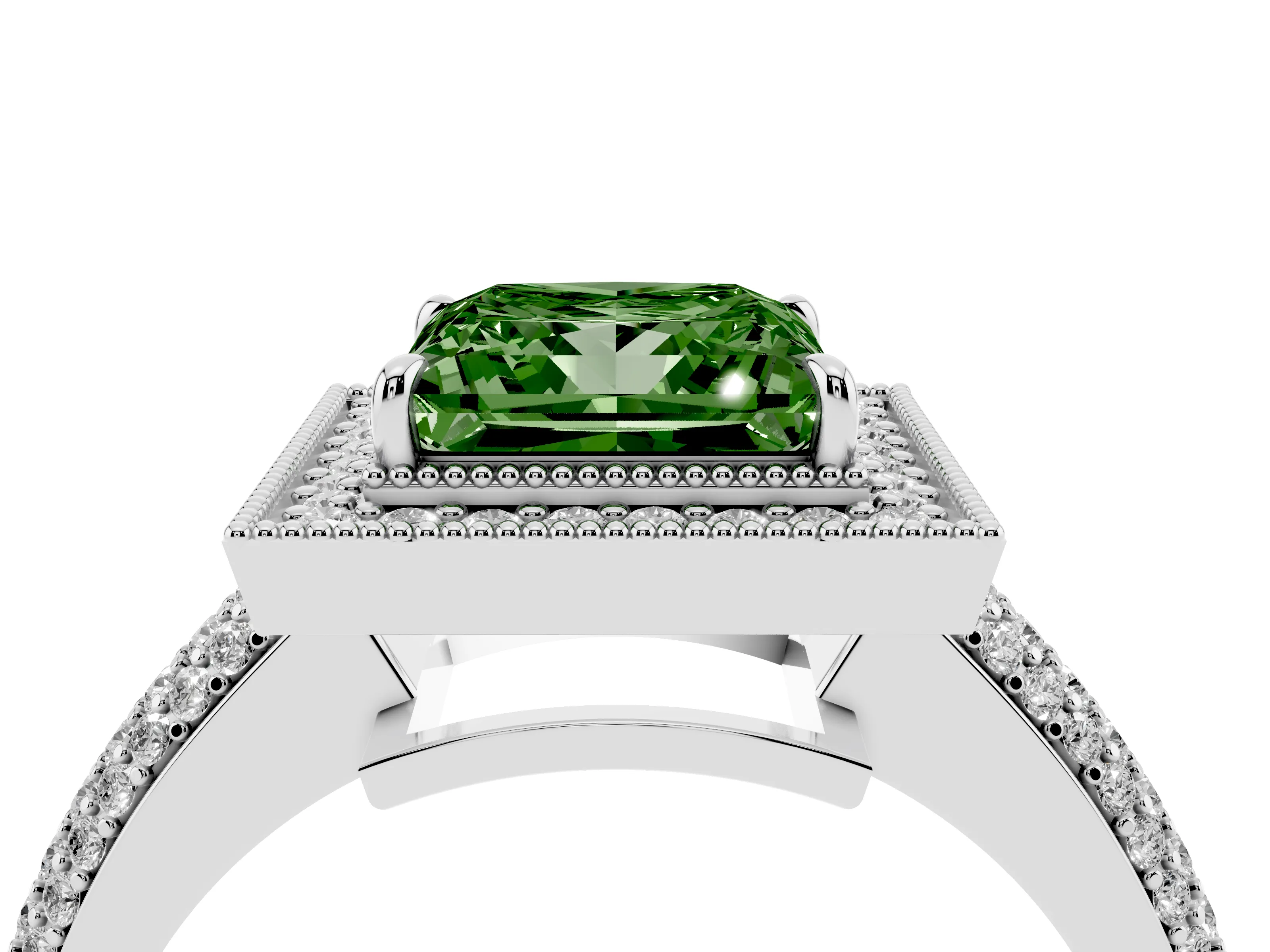 Fancy Green Princess Cut Diamond Halo Pavé Band Set in Platinum with Prong Setting
