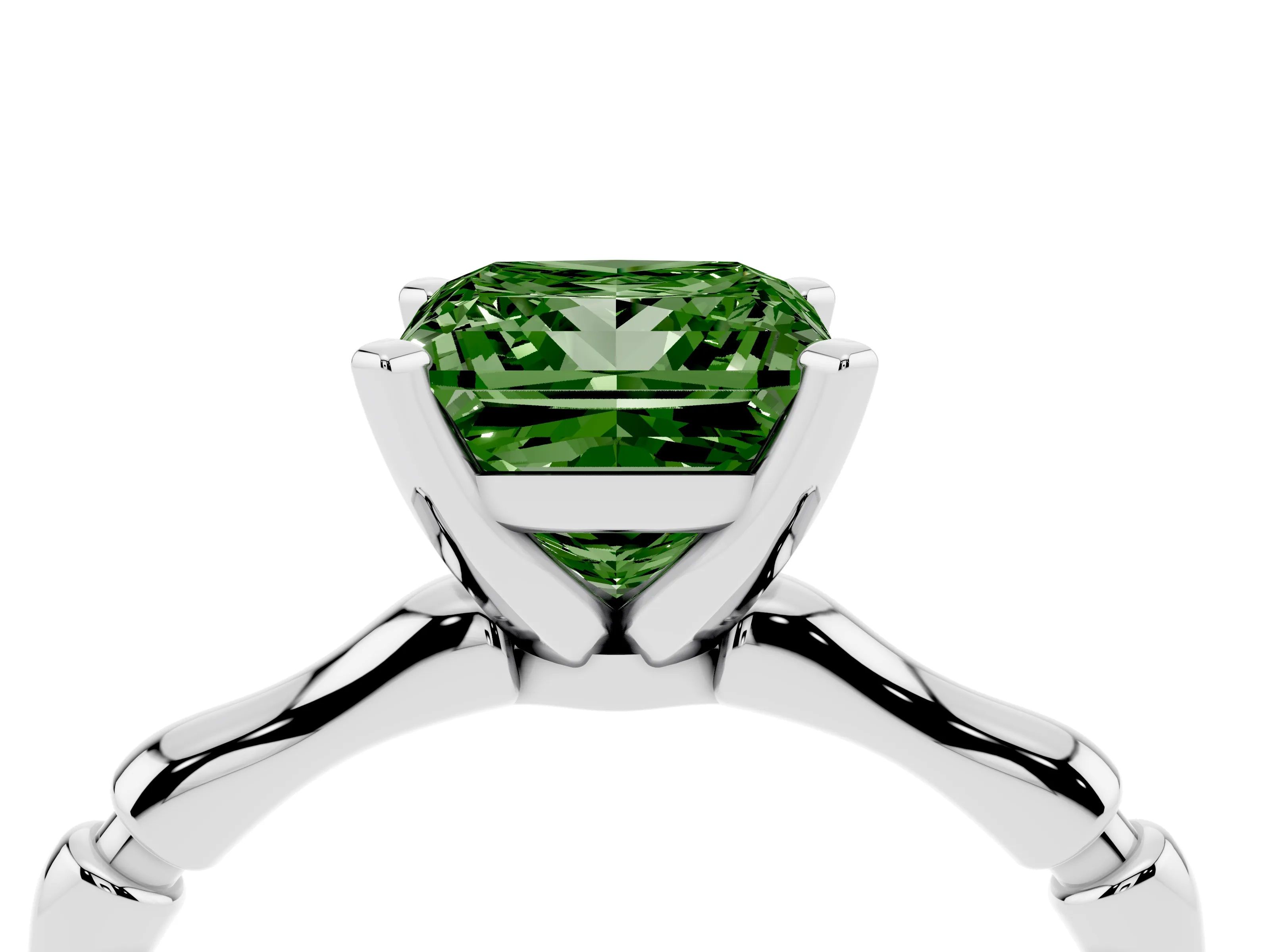 Fancy Green Princess Cut Diamond Solitaire Ring Set in Silver with Bamboo Band and Prong Setting