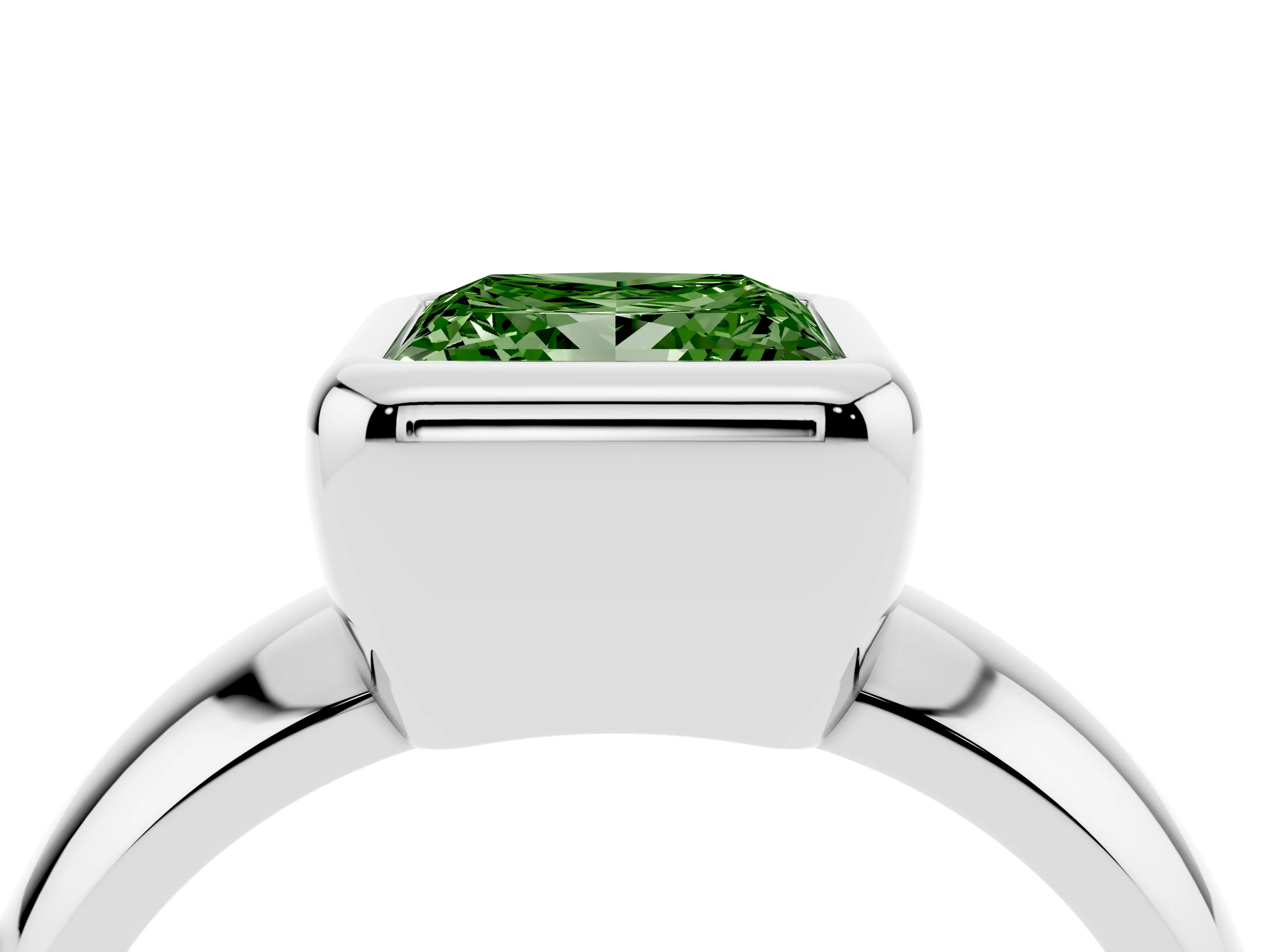 Fancy Green Bezel Set Princess Cut Diamond Solitaire Ring Set in White gold with Wide Band