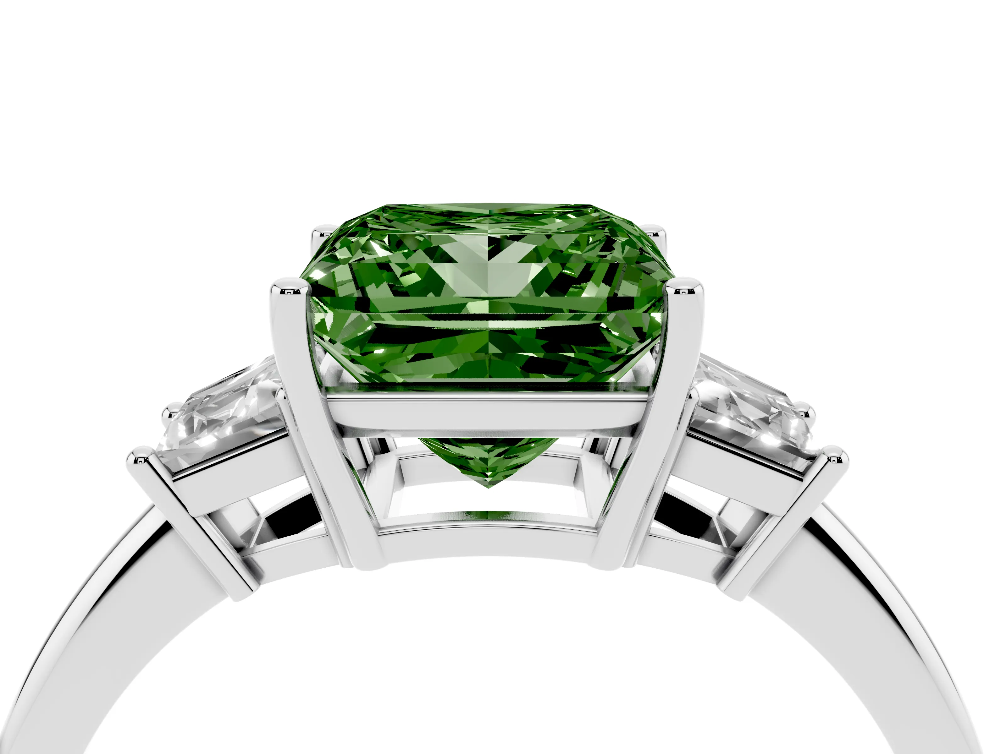 Fancy Green Princess Cut Diamond Three-Stone Ring Set in Silver with Trapezoid Side Stones and Prong Setting