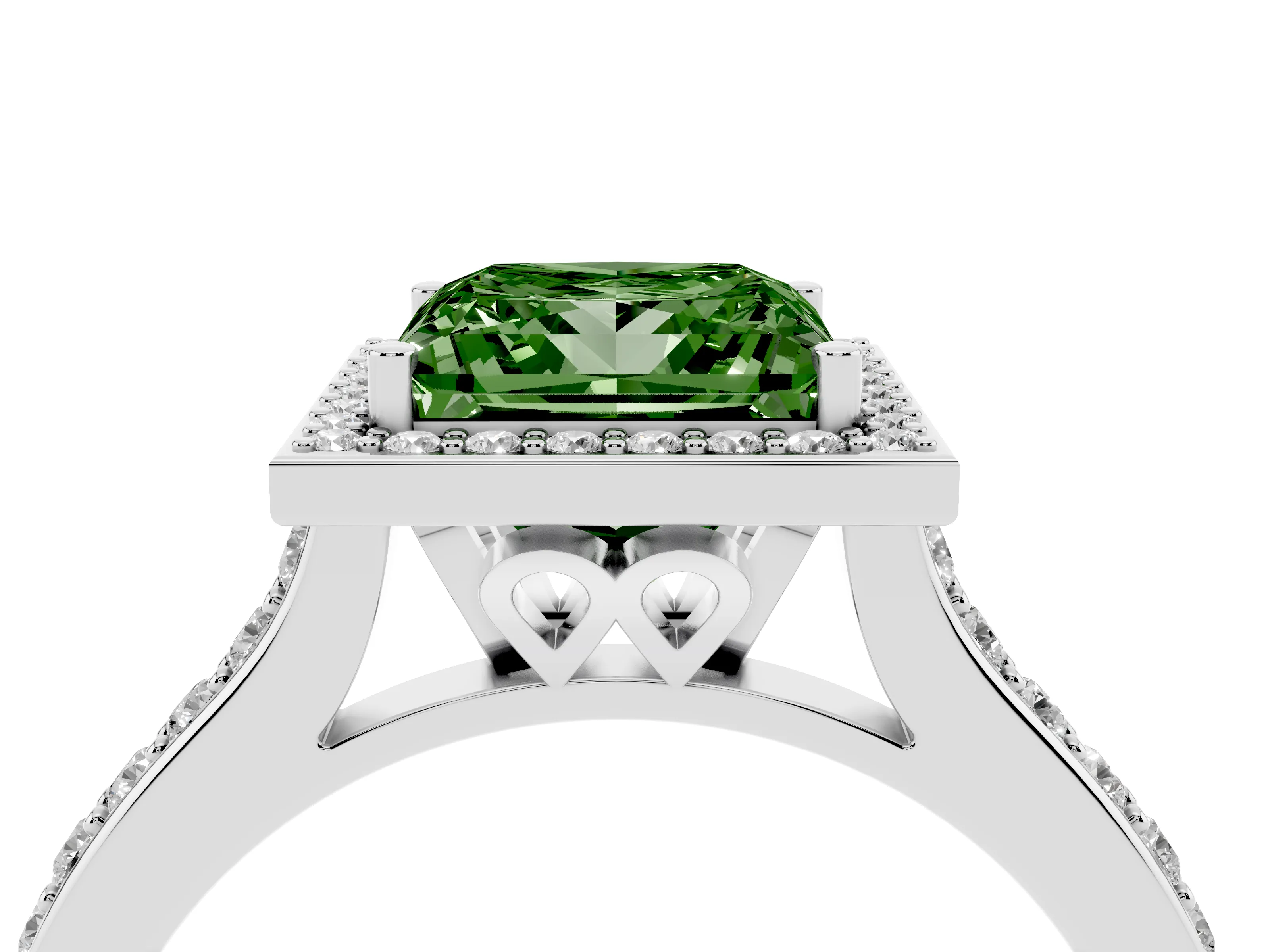 Fancy Green Princess Cut Diamond Halo Engagement Ring Set in Silver with Round Pavé Shoulders and Heart Gallery