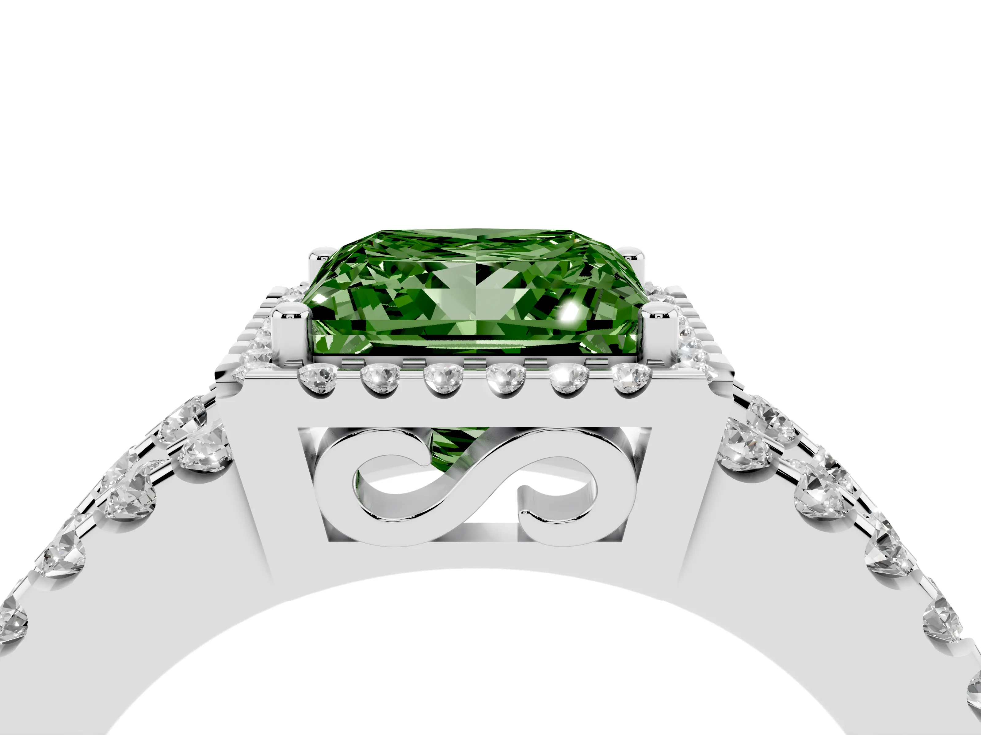 Fancy Green Princess Cut Diamond Halo Ring Set in White gold with Pavé Split Shank and Prong Setting