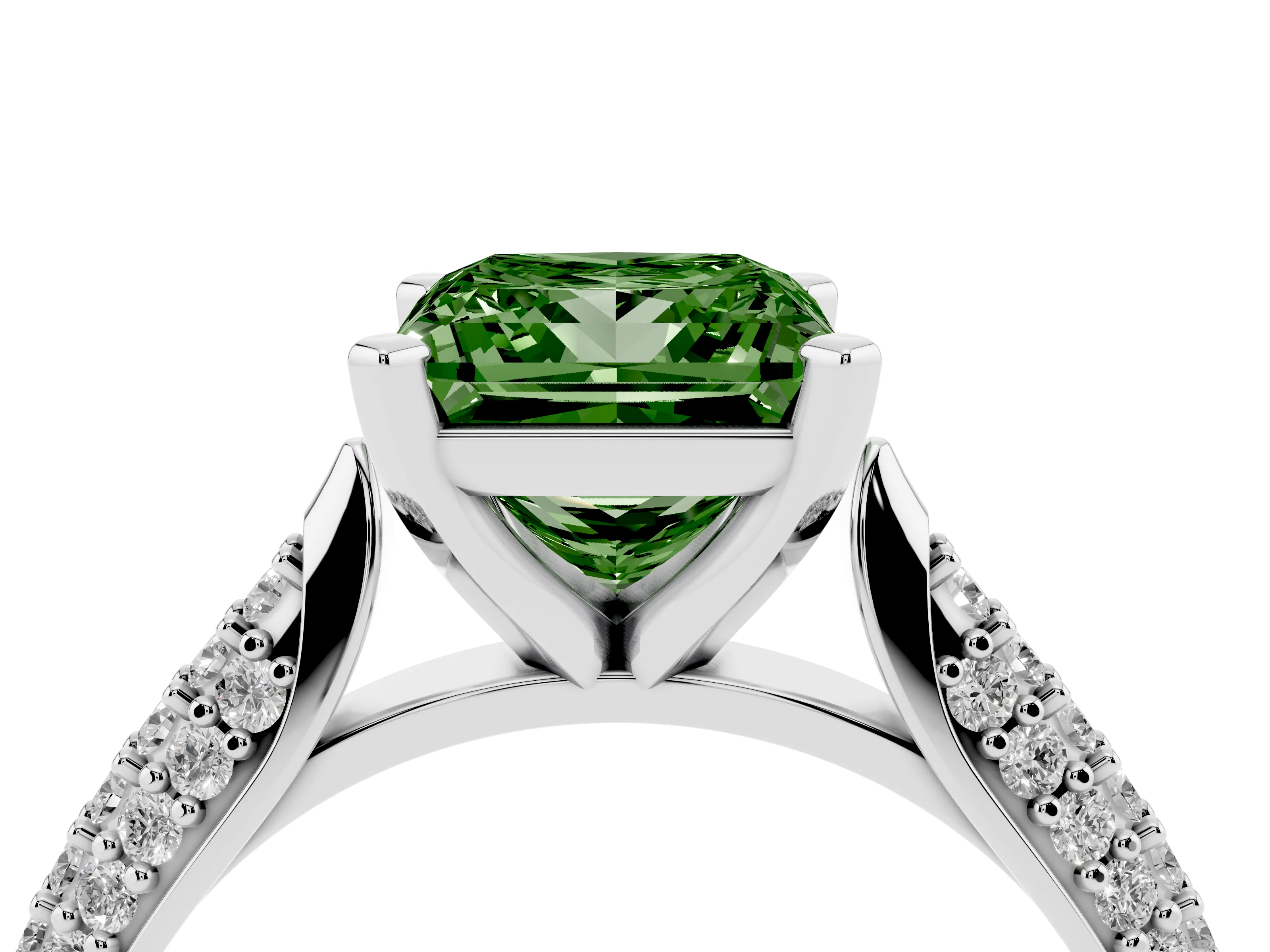 Fancy Green Princess Cut Diamond Solitaire Engagement Ring Set in Platinum with Multi-Row Round Pavé Band and Prong Setting