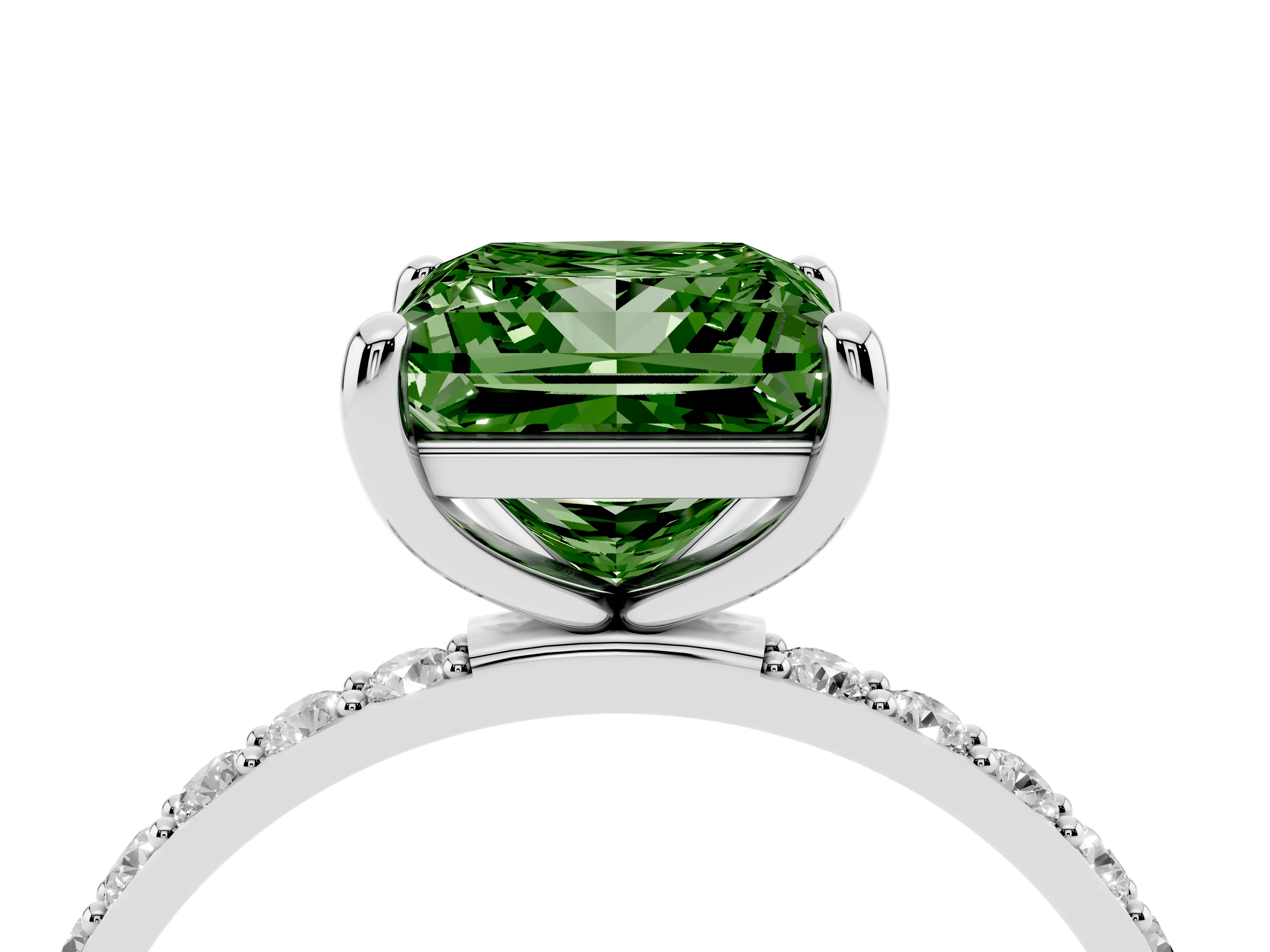 Fancy Green Princess Cut Diamond Solitaire Ring Set in White gold with Round Pavé Band and Prong Setting
