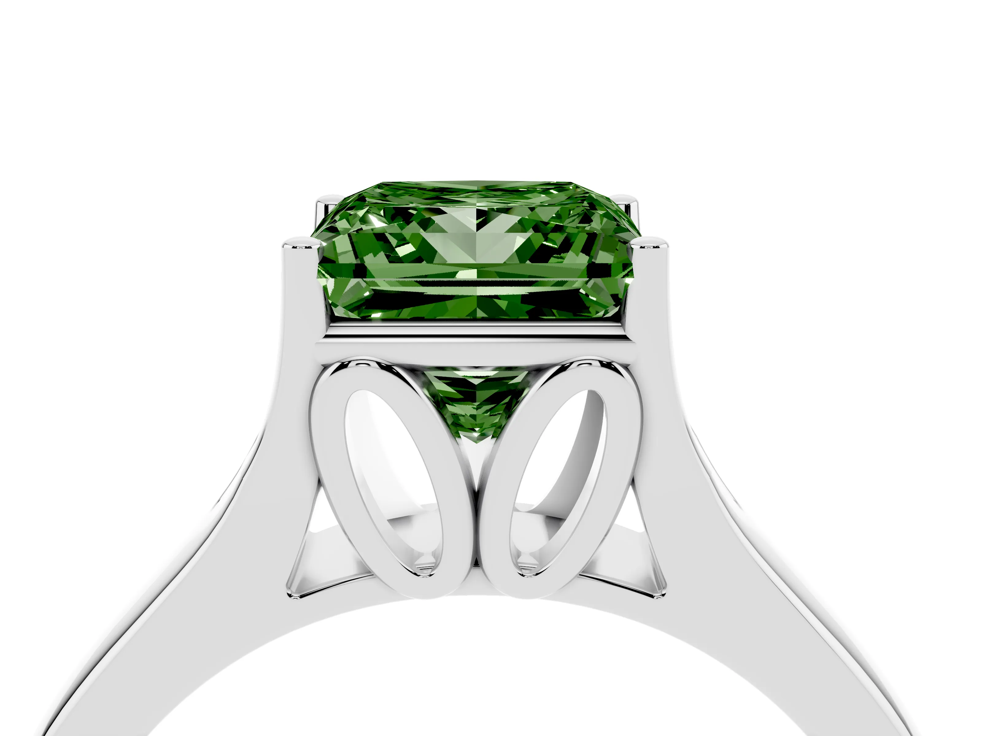 Fancy Green Princess Cut Diamond Solitaire Ring Set in Platinum with Arched Cathedral Band and Prong Setting