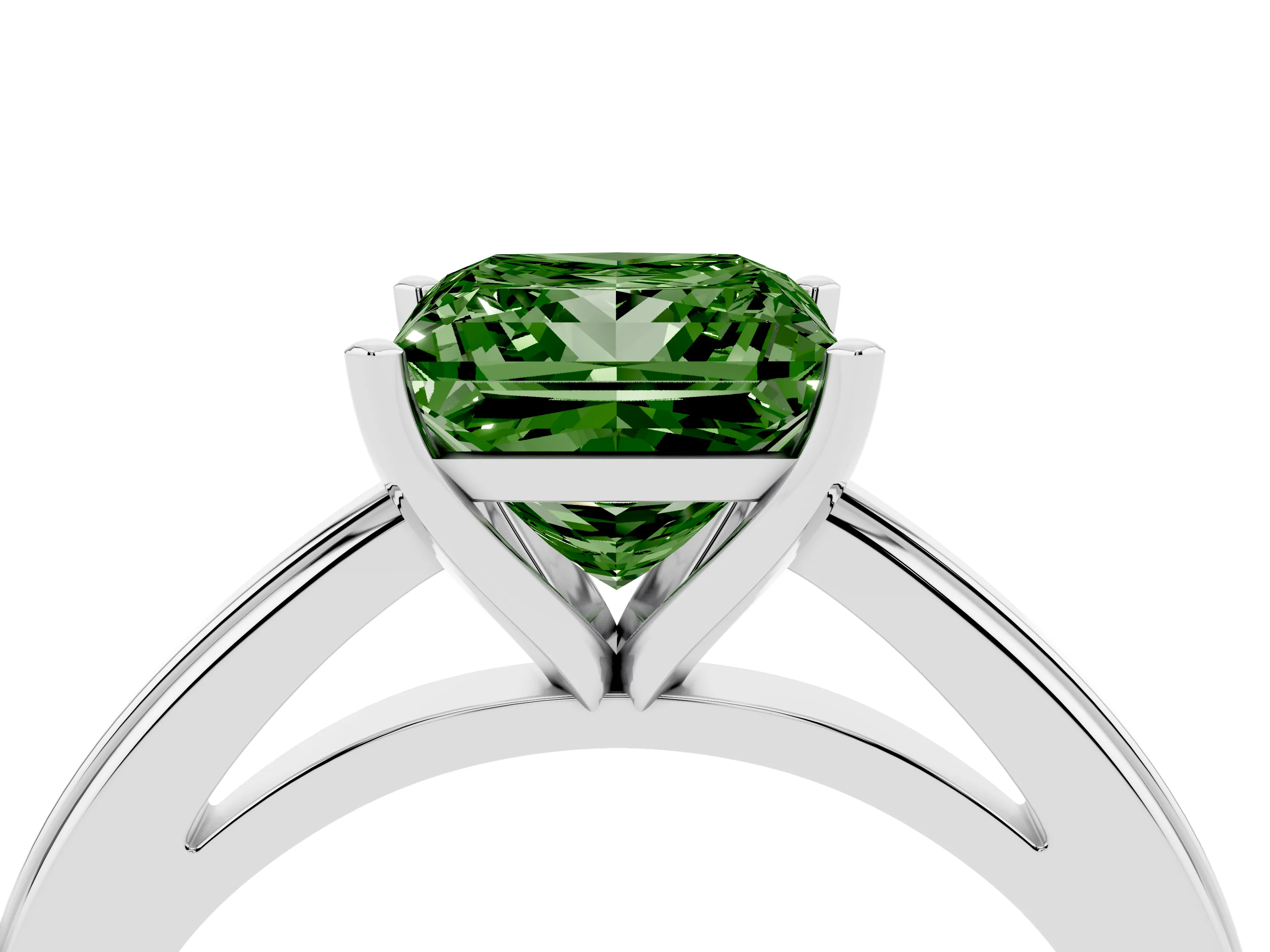 Fancy Green Princess Cut Diamond Solitaire Ring Set in Platinum with Prong Setting and Classic Band