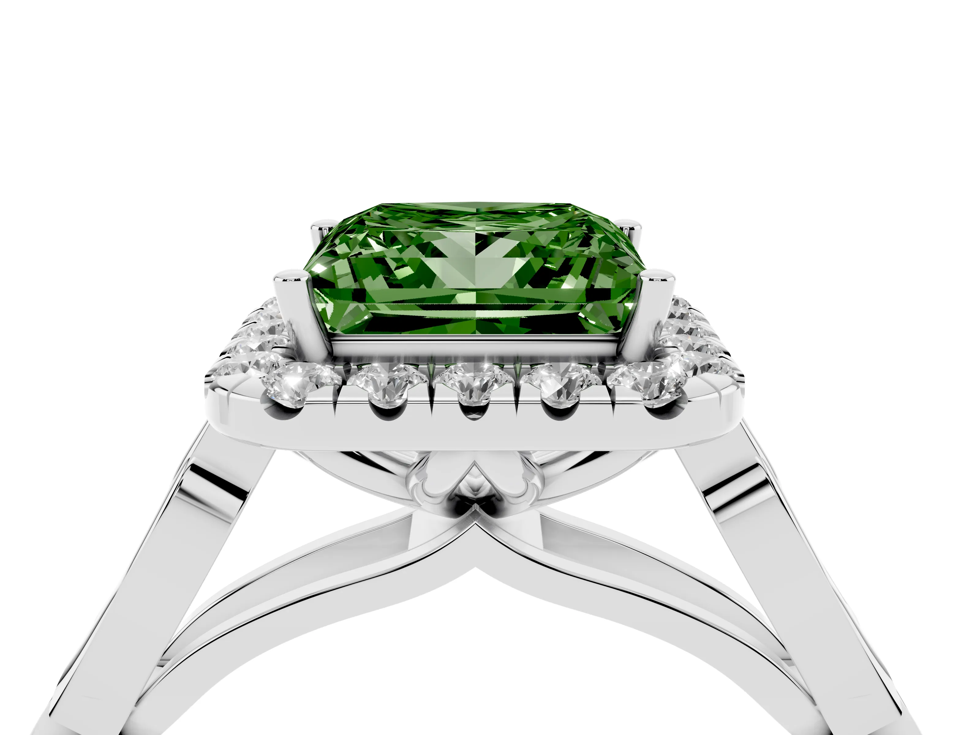 Fancy Green Princess Cut Diamond Halo Engagement Ring Set in White gold with Filigree Band and Prong-Set Center