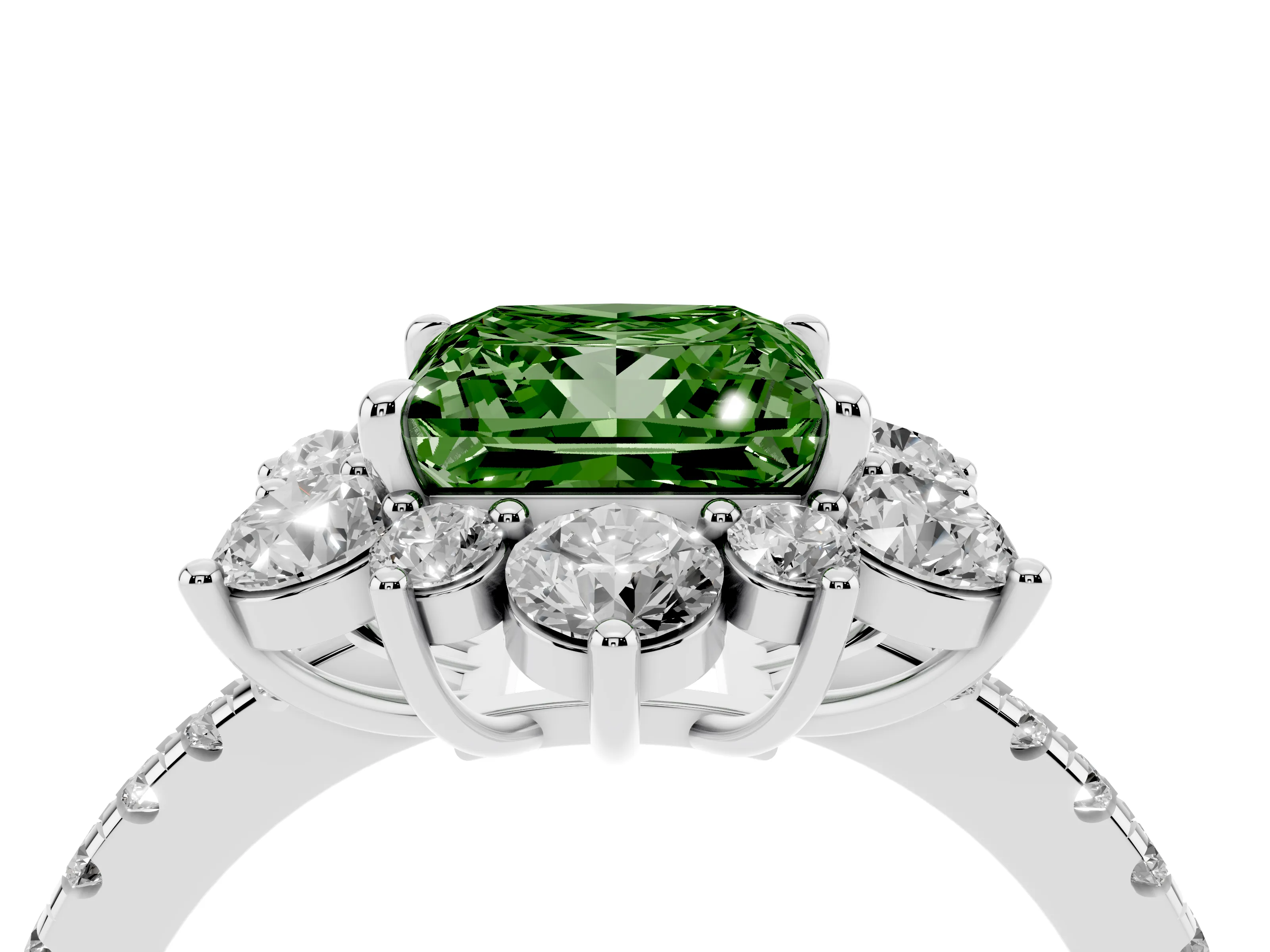 Fancy Green Princess Cut Diamond Floral Halo Ring Set in White gold with Round Pavé Band and Prong Setting