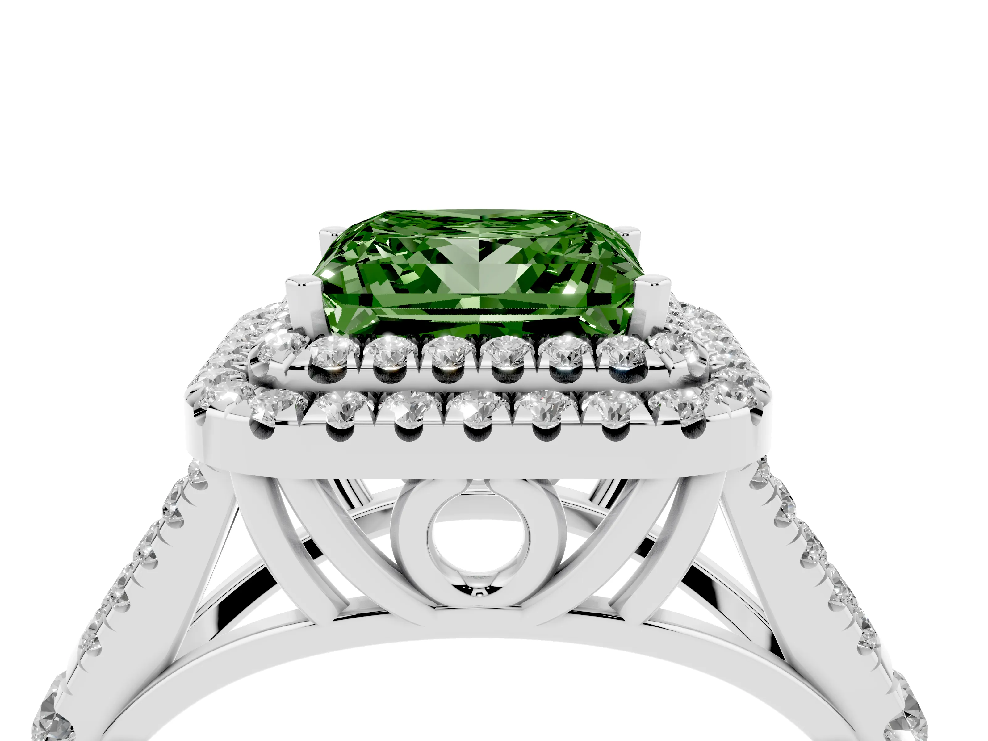 Fancy Green Princess Cut Diamond Pavé Split Shank Double Halo Engagement Ring Set in Platinum