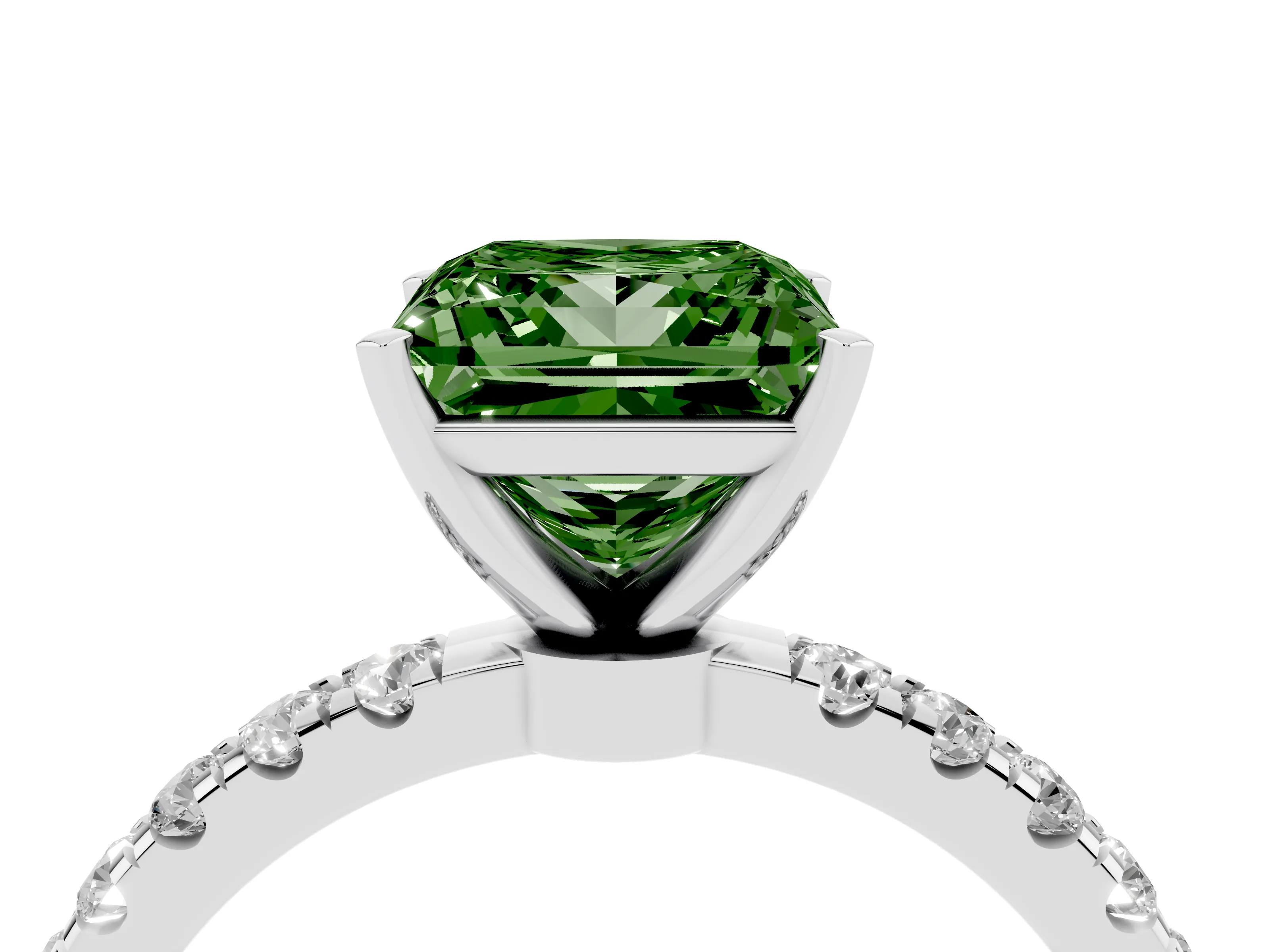 Fancy Green Princess Cut Diamond Solitaire Ring Set in Silver with Pavé Accents and Prong Setting