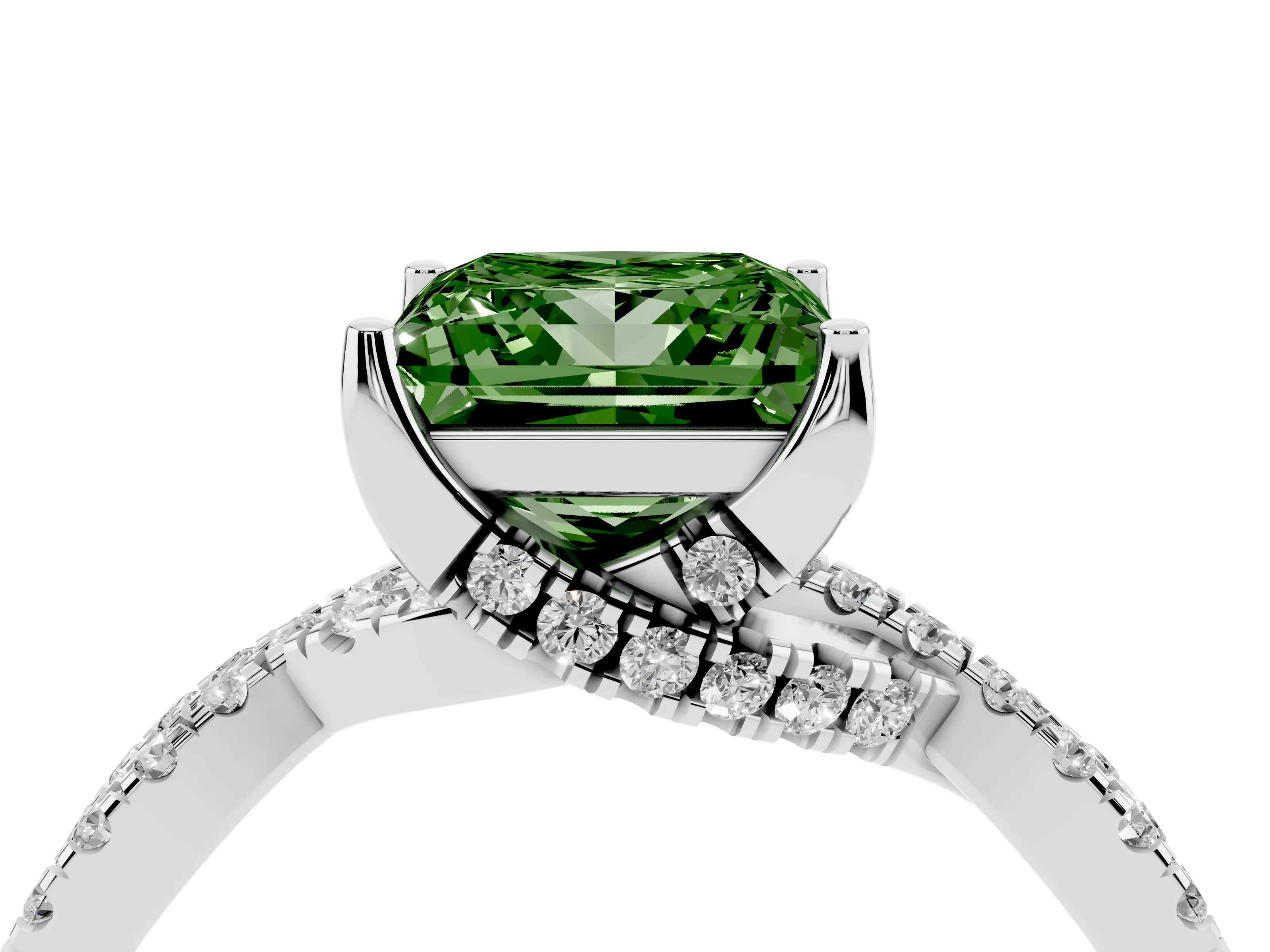 Fancy Green Princess Cut Diamond Twist Pavé Solitaire Engagement Ring Set in Silver with Prong Setting
