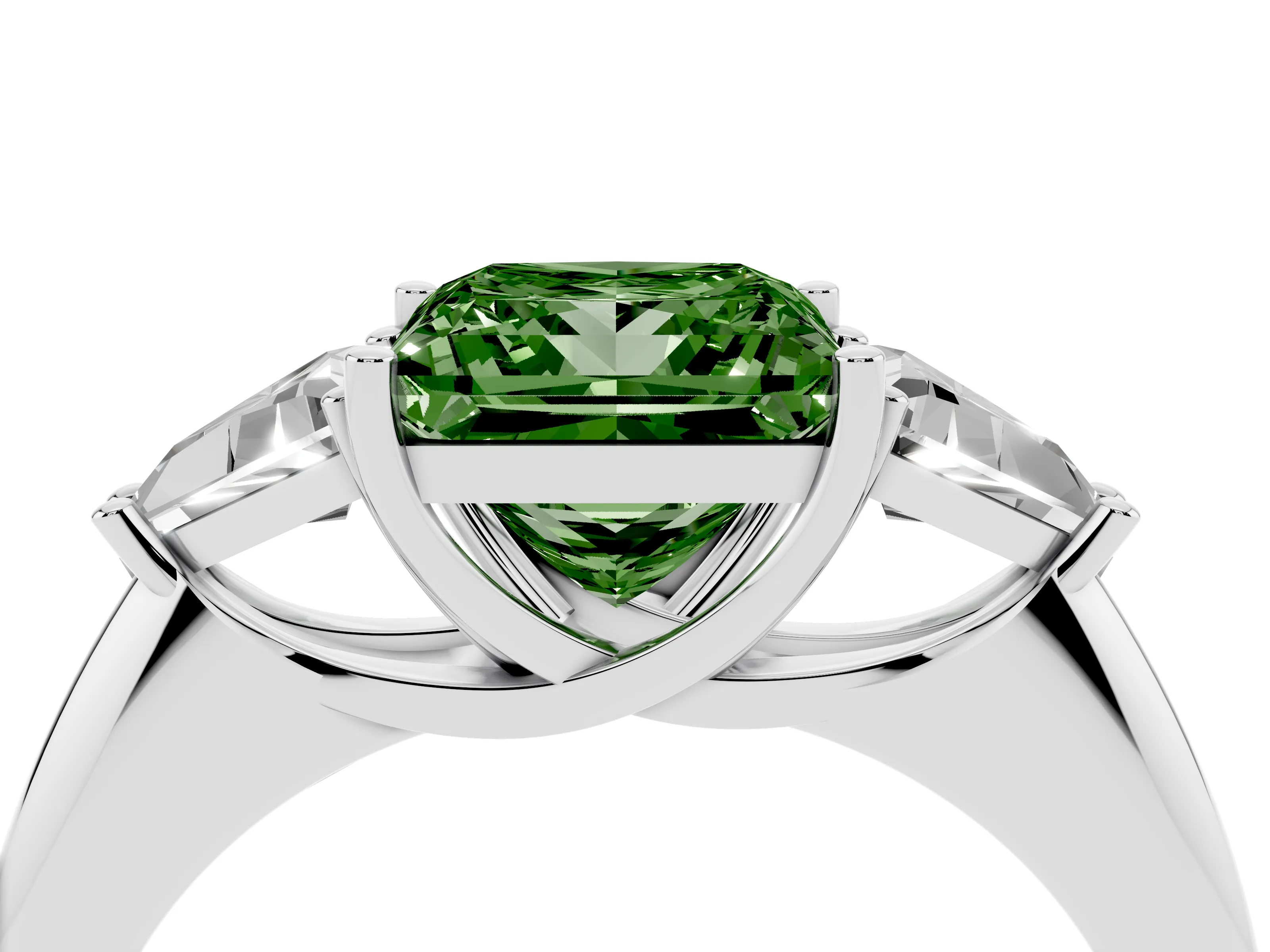 Fancy Green Princess Cut Diamond Three-Stone Engagement Ring Set in White gold with Trillion Side Stones
