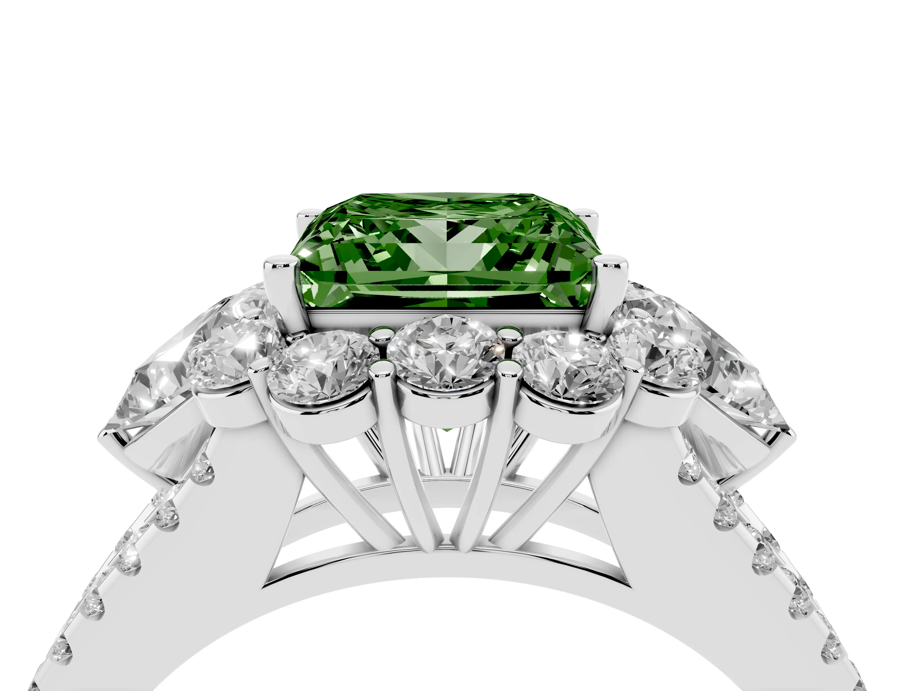 Fancy Green Princess Cut Diamond Halo Split Shank Engagement Ring Set in Platinum with Prong-Held Center Stone