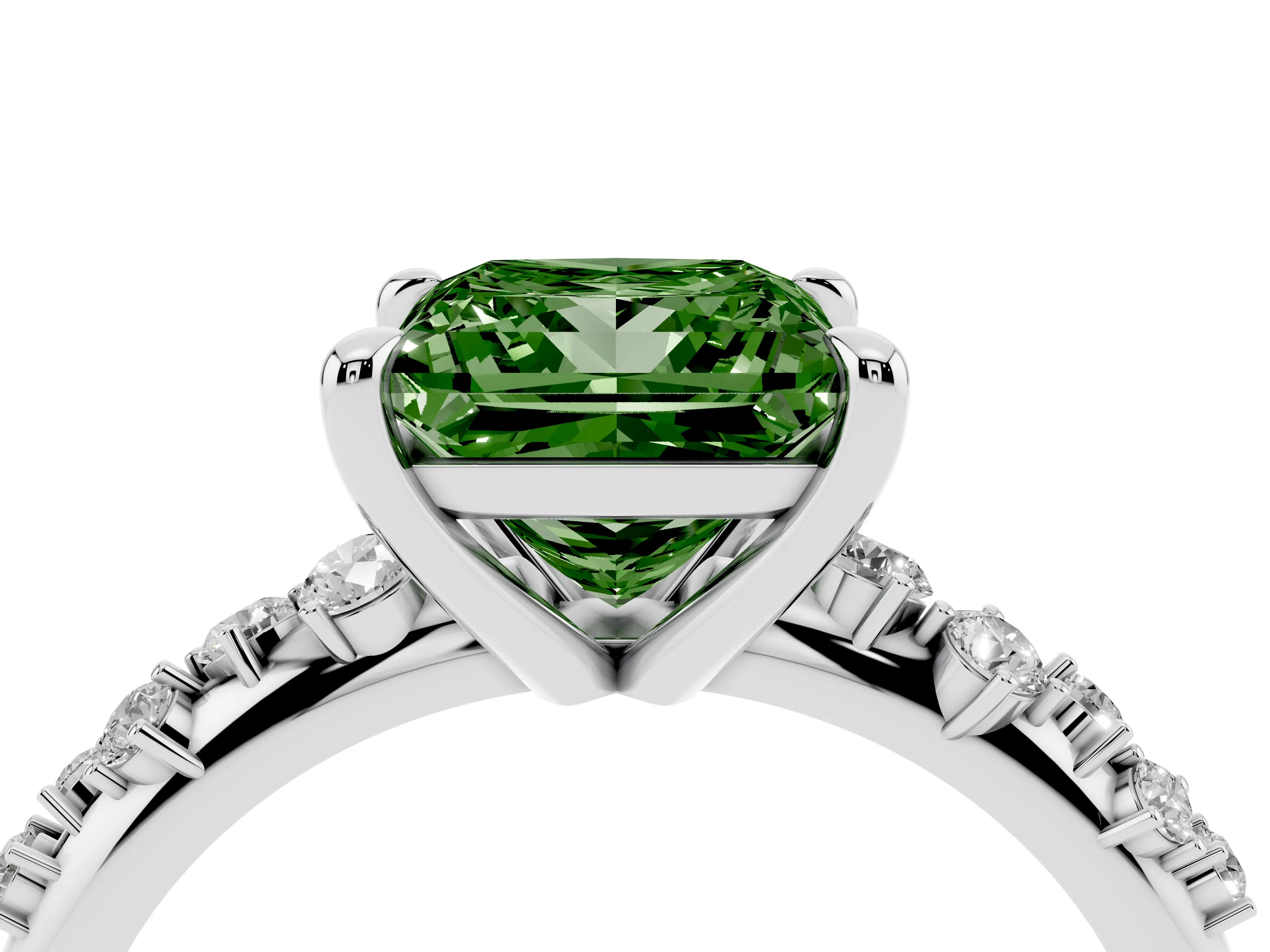 Fancy Green Princess Cut Diamond Solitaire Vine Band Ring Set in White gold with Round Accents and Prong Setting
