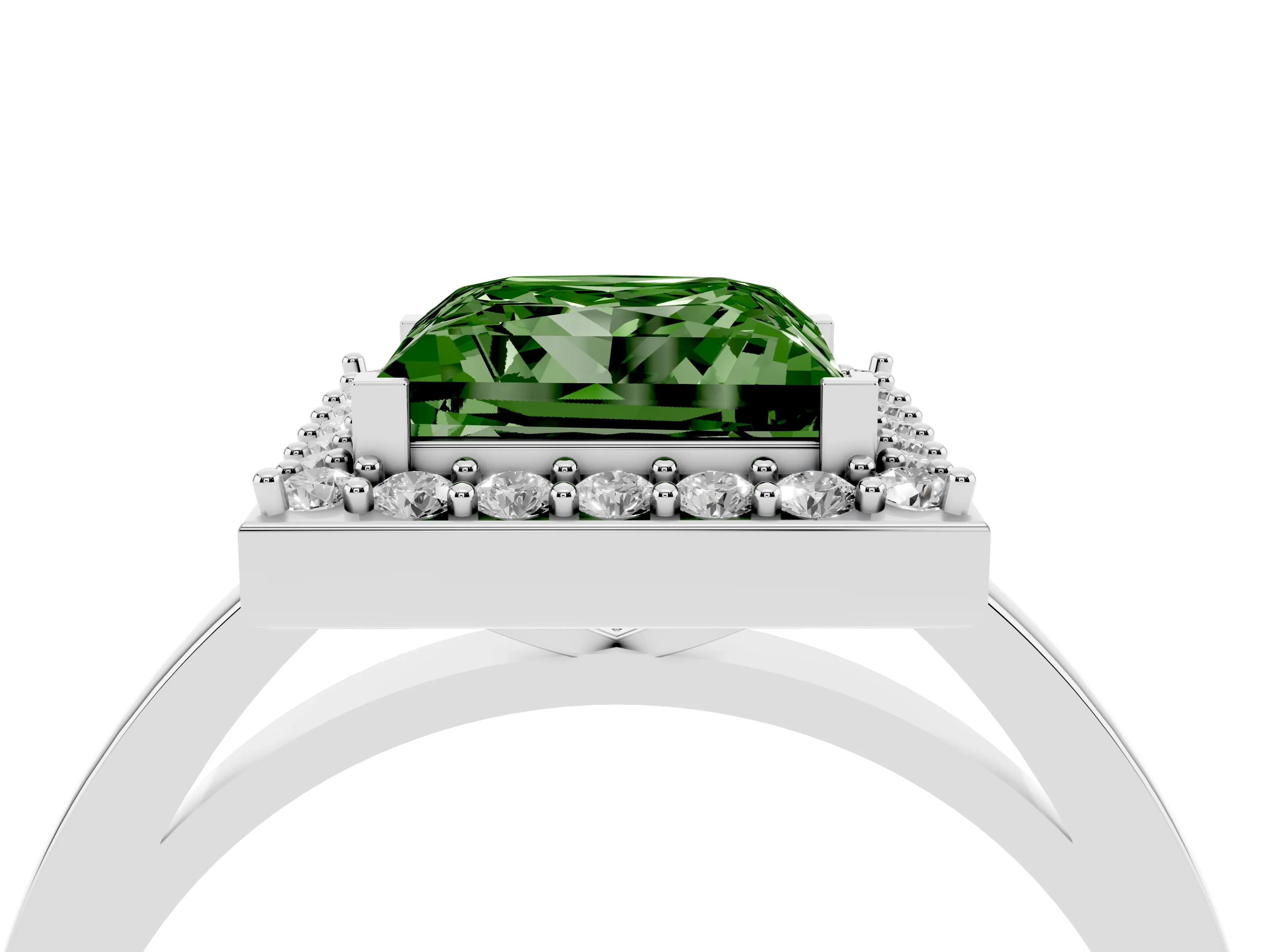 Fancy Green Princess Cut Diamond Halo Ring Set in Silver with Solitaire Band and Prong Setting