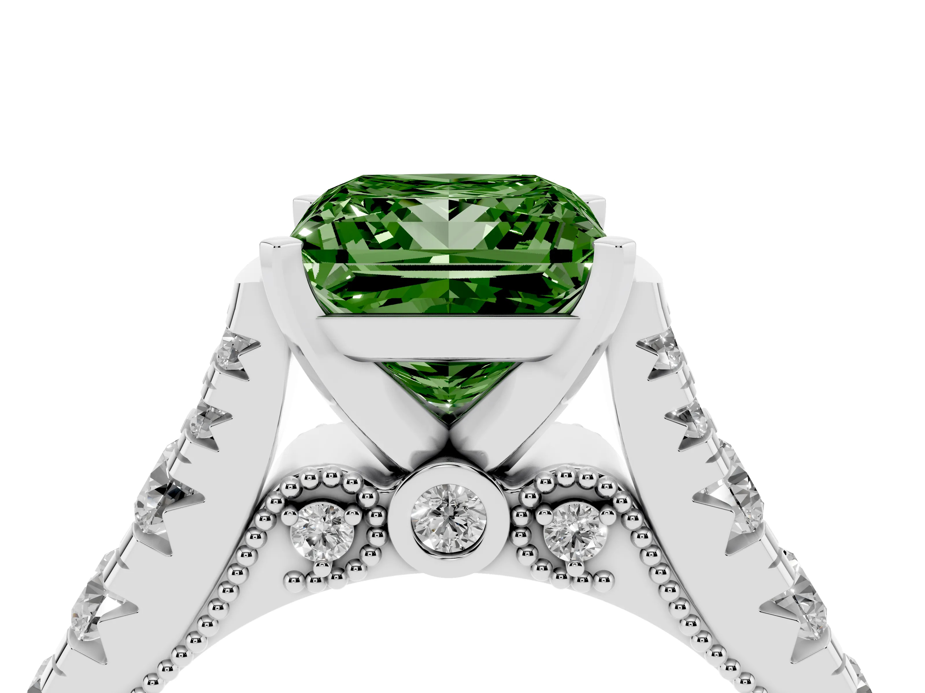 Fancy Green Princess Cut Diamond Classic Solitaire Ring Set in Silver with Pavé Band and Prong Setting
