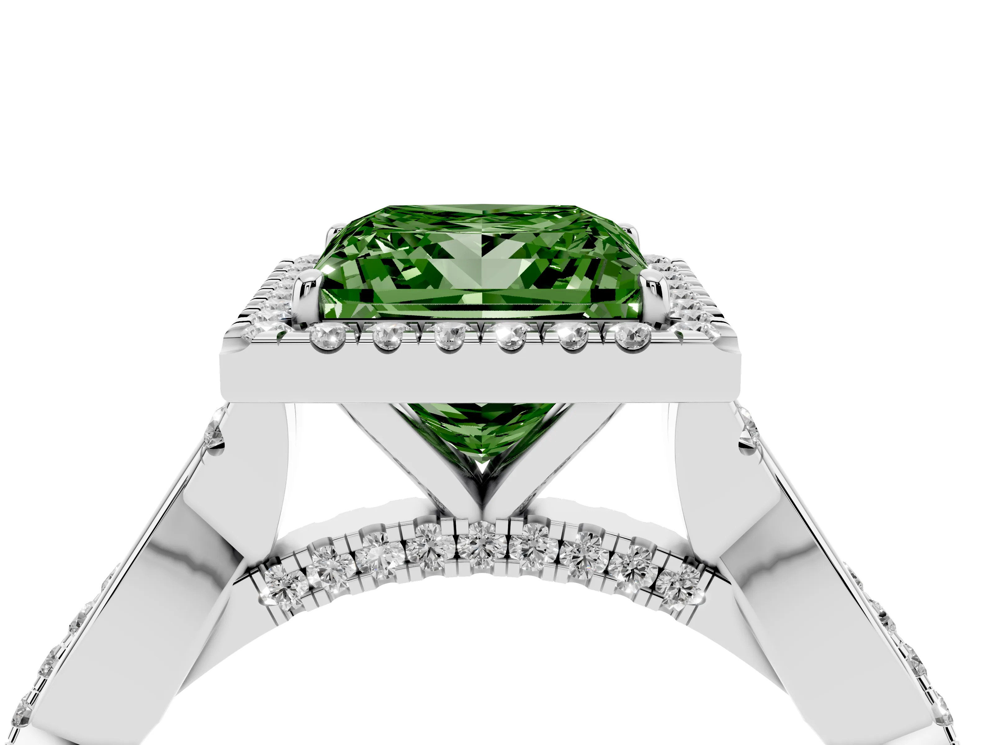 Fancy Green Princess Cut Diamond Halo Twist Band Solitaire Ring Set in Silver with Prong Setting
