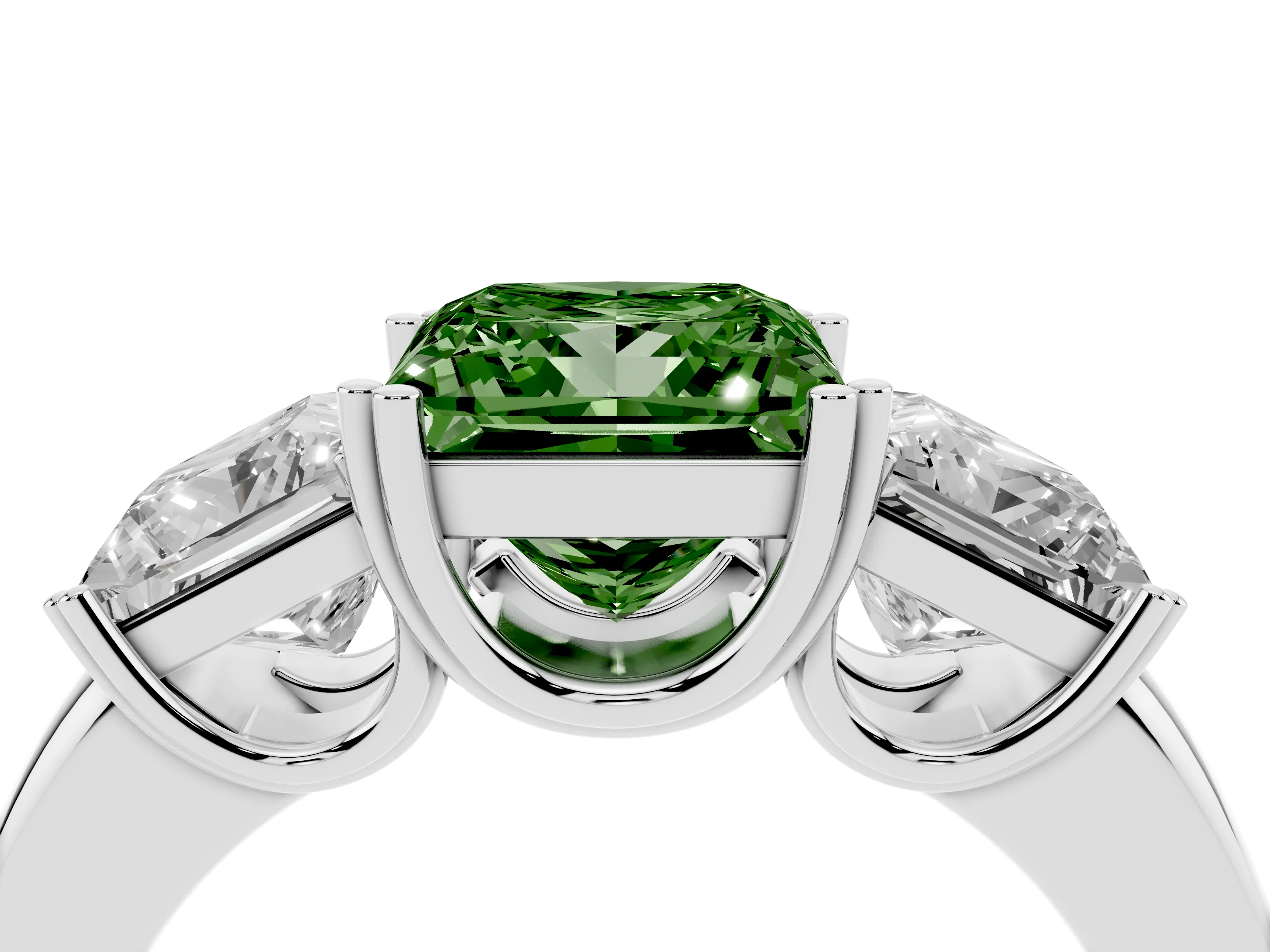 Fancy Green Princess Cut Diamond Three-Stone Ring Set in Platinum with Polished Channel-Set Band