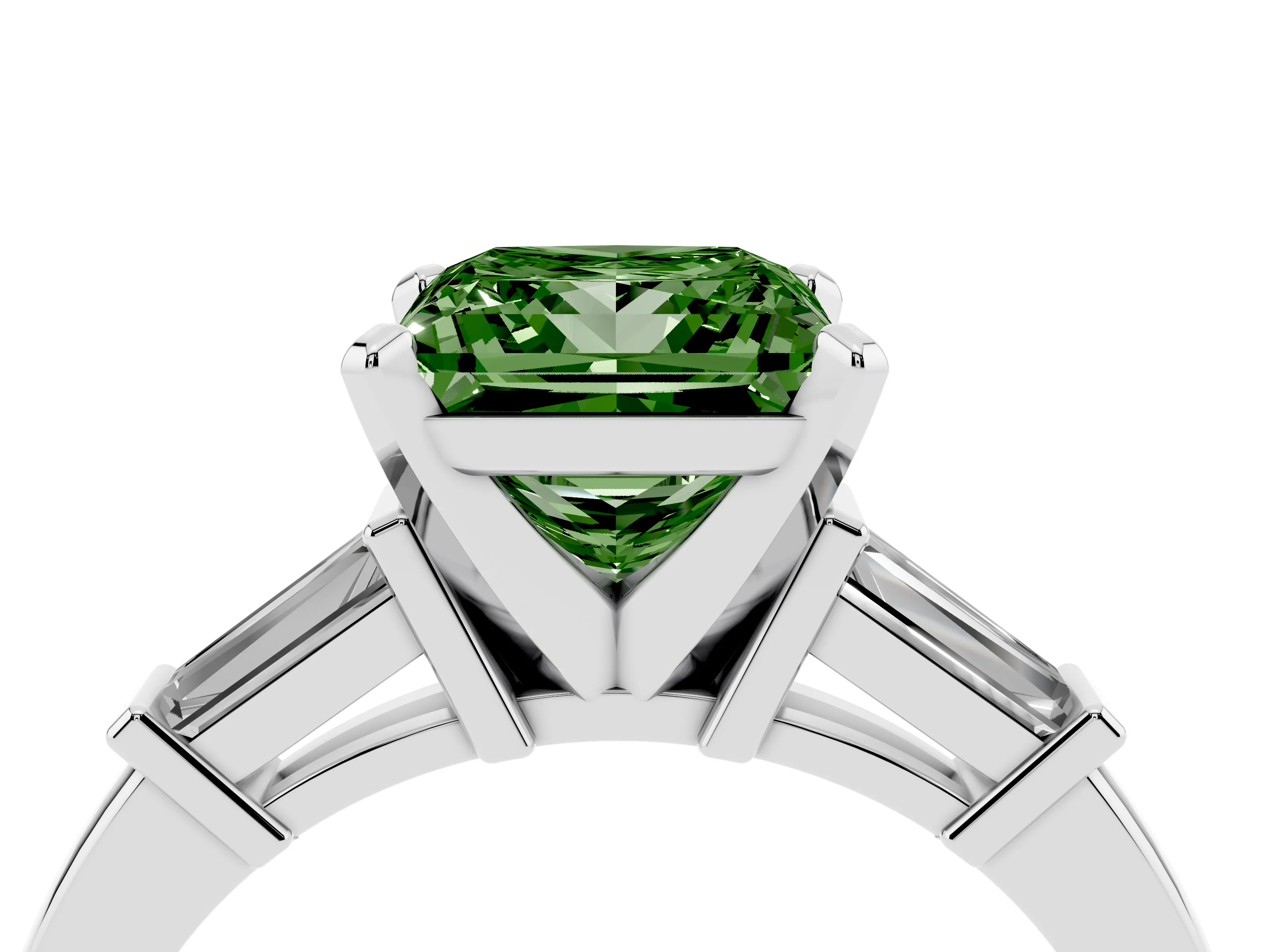 Fancy Green Princess Cut Diamond Solitaire Ring Set in White gold with Tapered Baguette Accents and Prong Setting