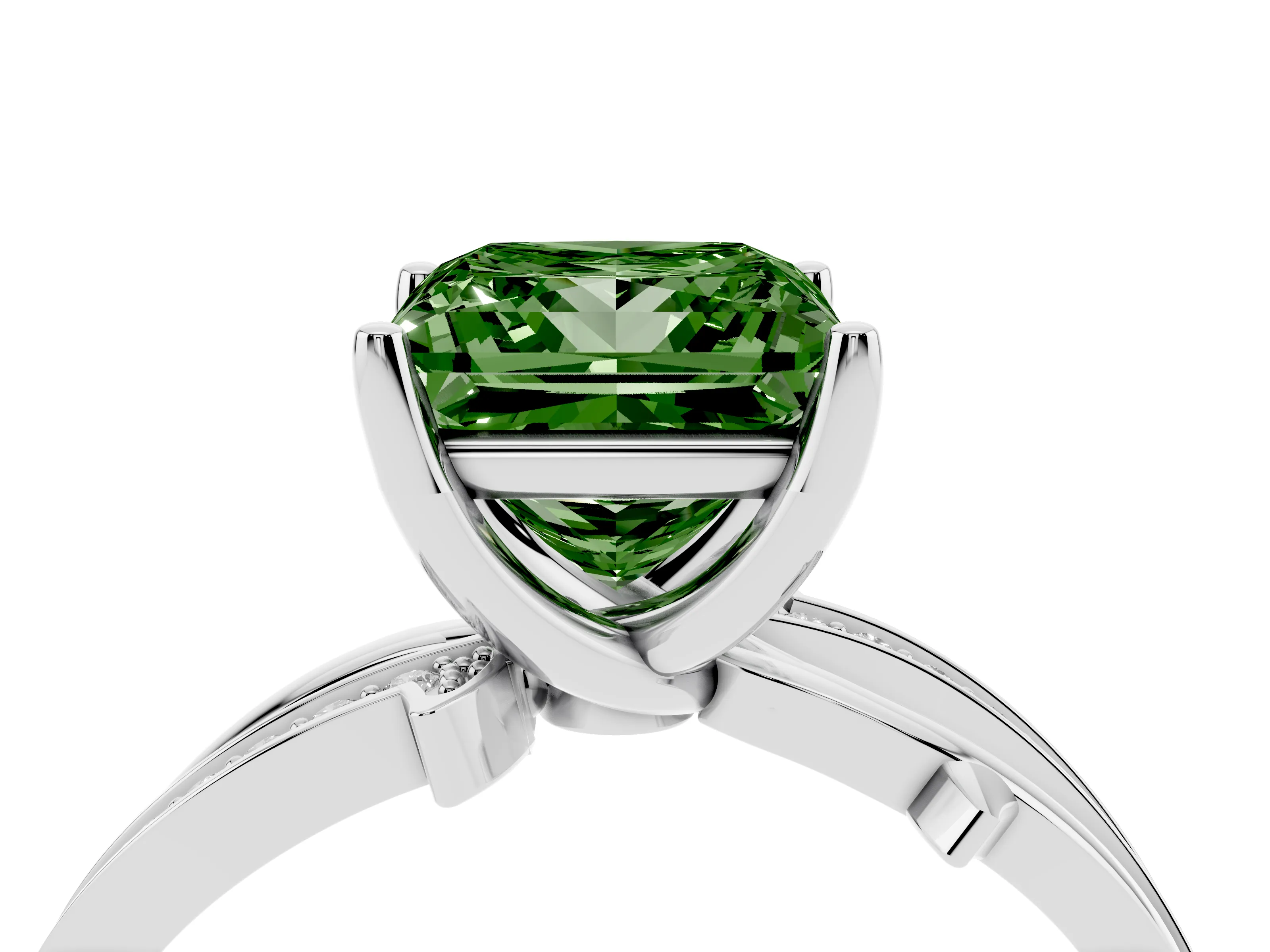 Fancy Green Princess Cut Diamond Pavé Twist Band Solitaire Ring Set in Silver with Prong Setting
